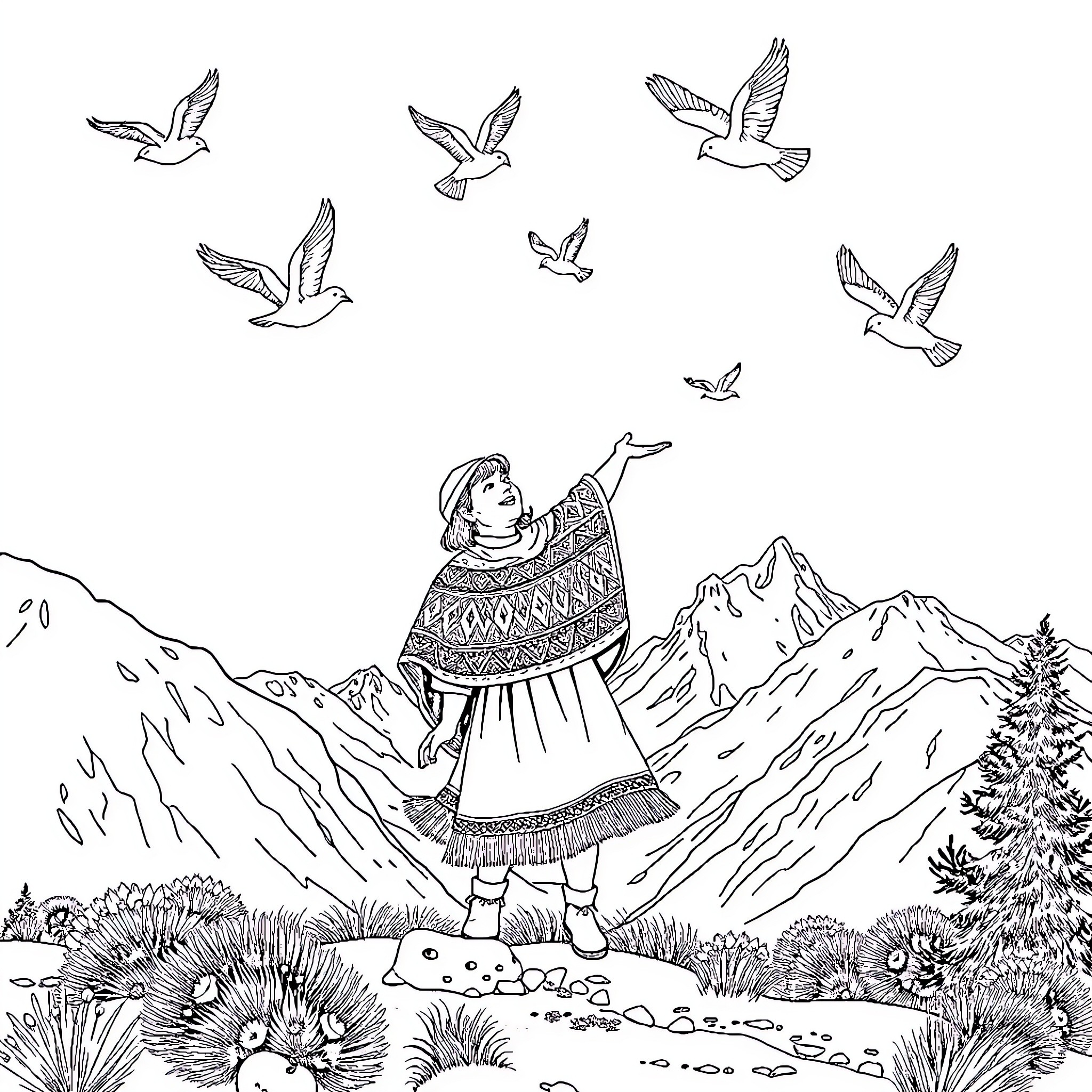 Persona of a young person surrounded by nature Coloring Page (free black-and-white line drawing printable PDF for all, from beginners to advanced learners, including children, teens, adults, and seniors)