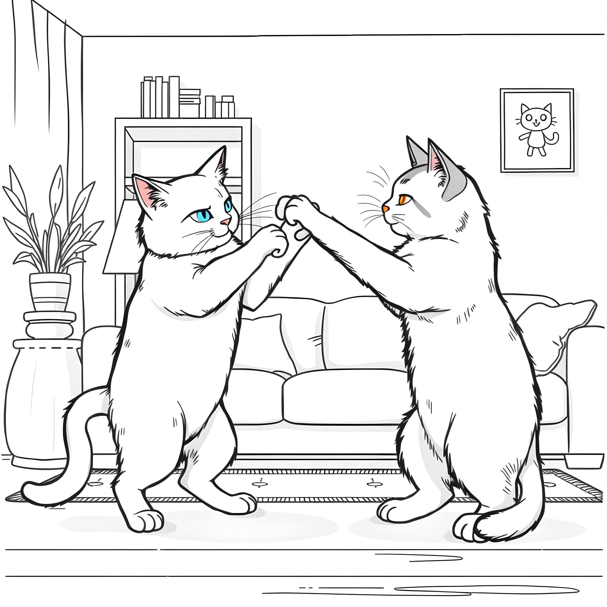 Cat companions chatting in cozy home Coloring Page (free black-and-white line drawing printable PDF for all, from beginners to advanced learners, including children, teens, adults, and seniors)