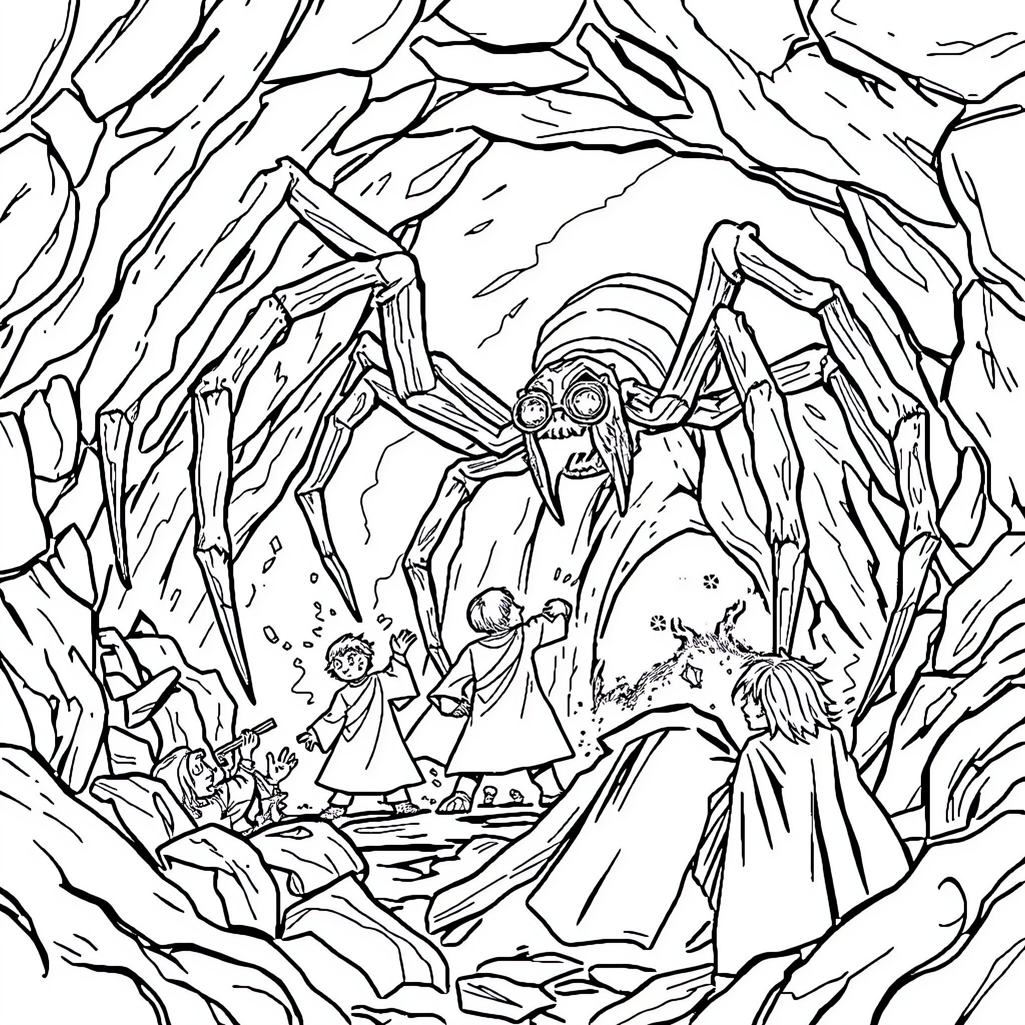 Spider-like creature lurking in a dark, foreboding cave Coloring Page (free black-and-white line drawing printable PDF for all, from beginners to advanced learners, including children, teens, adults, and seniors)
