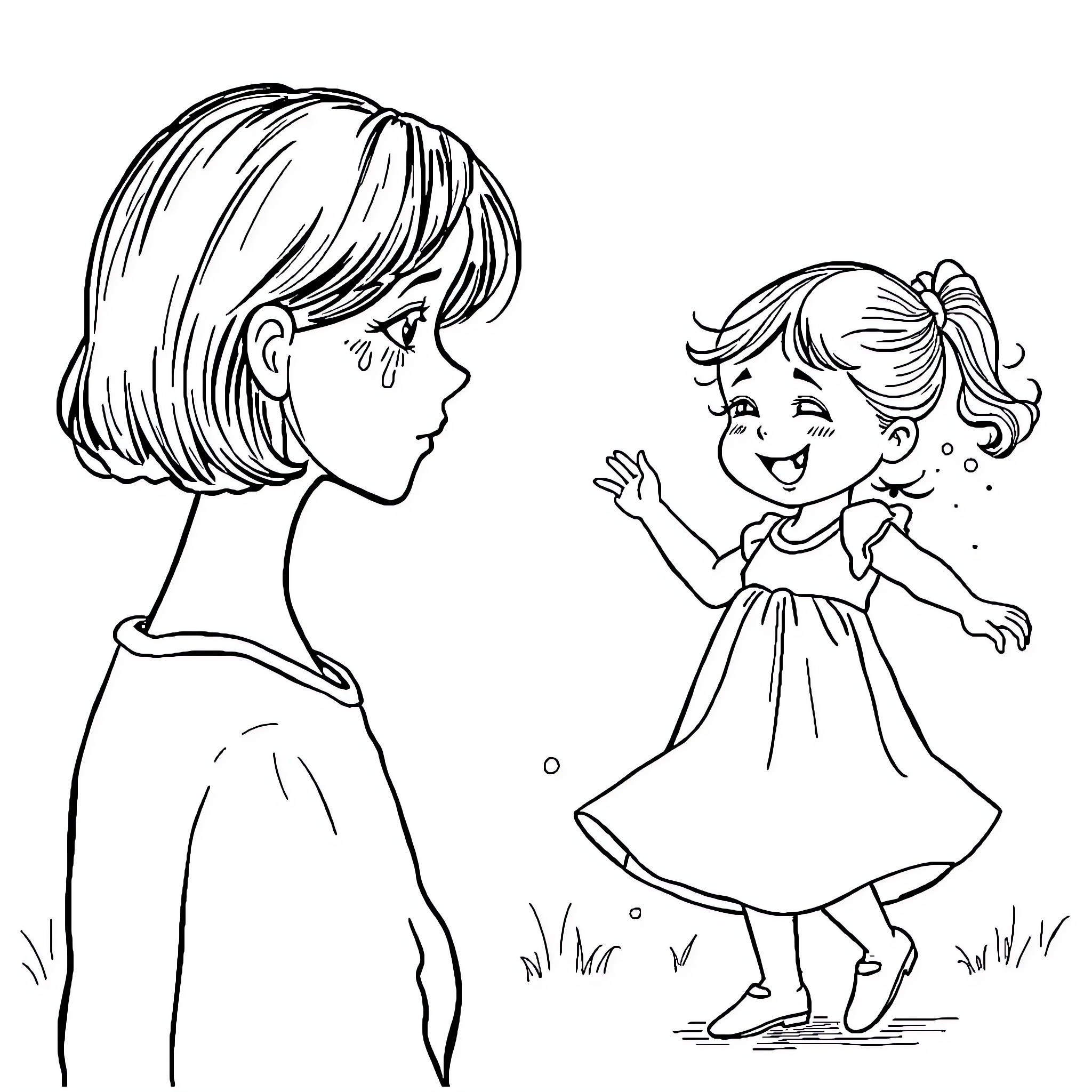 Woman and child in playful interaction Coloring Page (free black-and-white line drawing printable PDF for all, from beginners to advanced learners, including children, teens, adults, and seniors)