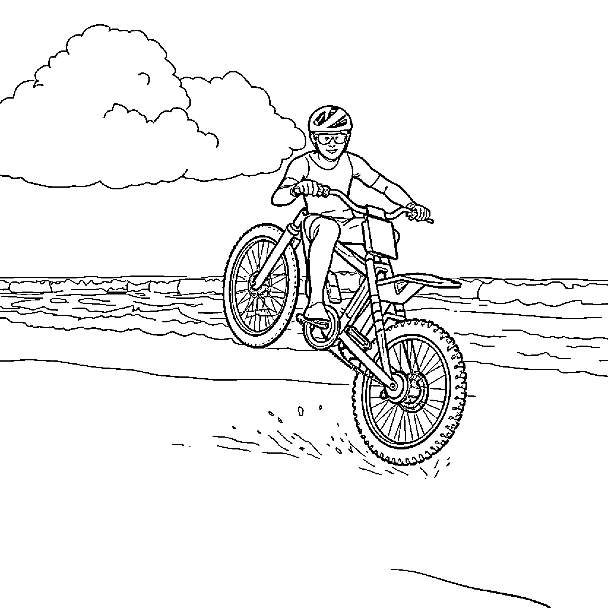 Bike rider on beach adventure Coloring Page (free black-and-white line drawing printable PDF for all, from beginners to advanced learners, including children, teens, adults, and seniors)