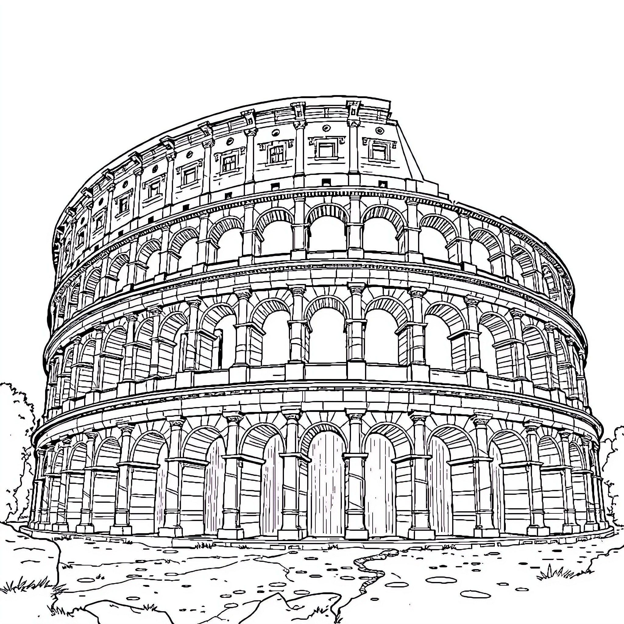 Colosseum with Detailed Architectural Features Coloring Page (free black-and-white line drawing printable PDF for all, from beginners to advanced learners, including children, teens, adults, and seniors)