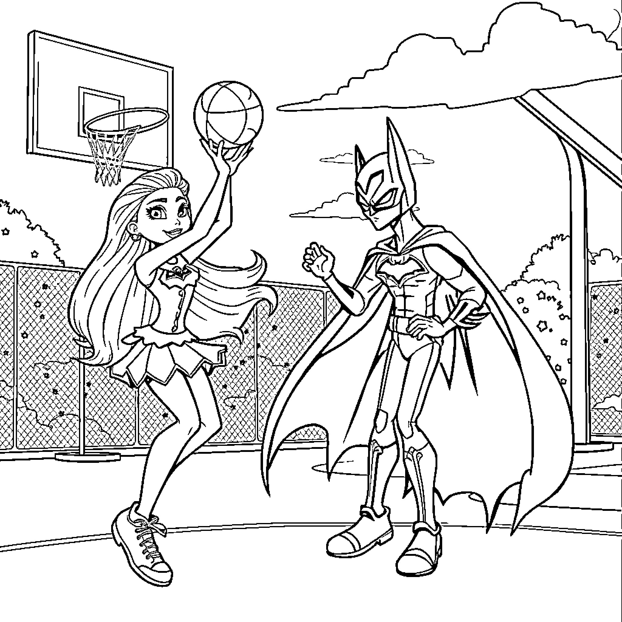 Lagoona Blue enjoys a game of basketball with a superhero friend Coloring Page (free black-and-white line drawing printable PDF for all, from beginners to advanced learners, including children, teens, adults, and seniors)