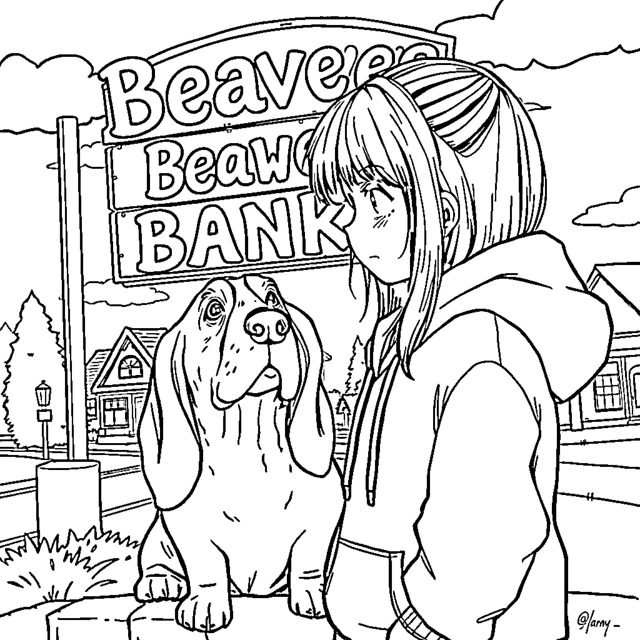 Girl and her loyal dog outside Beaver Bank Coloring Page (free black-and-white line drawing printable PDF for all, from beginners to advanced learners, including children, teens, adults, and seniors)