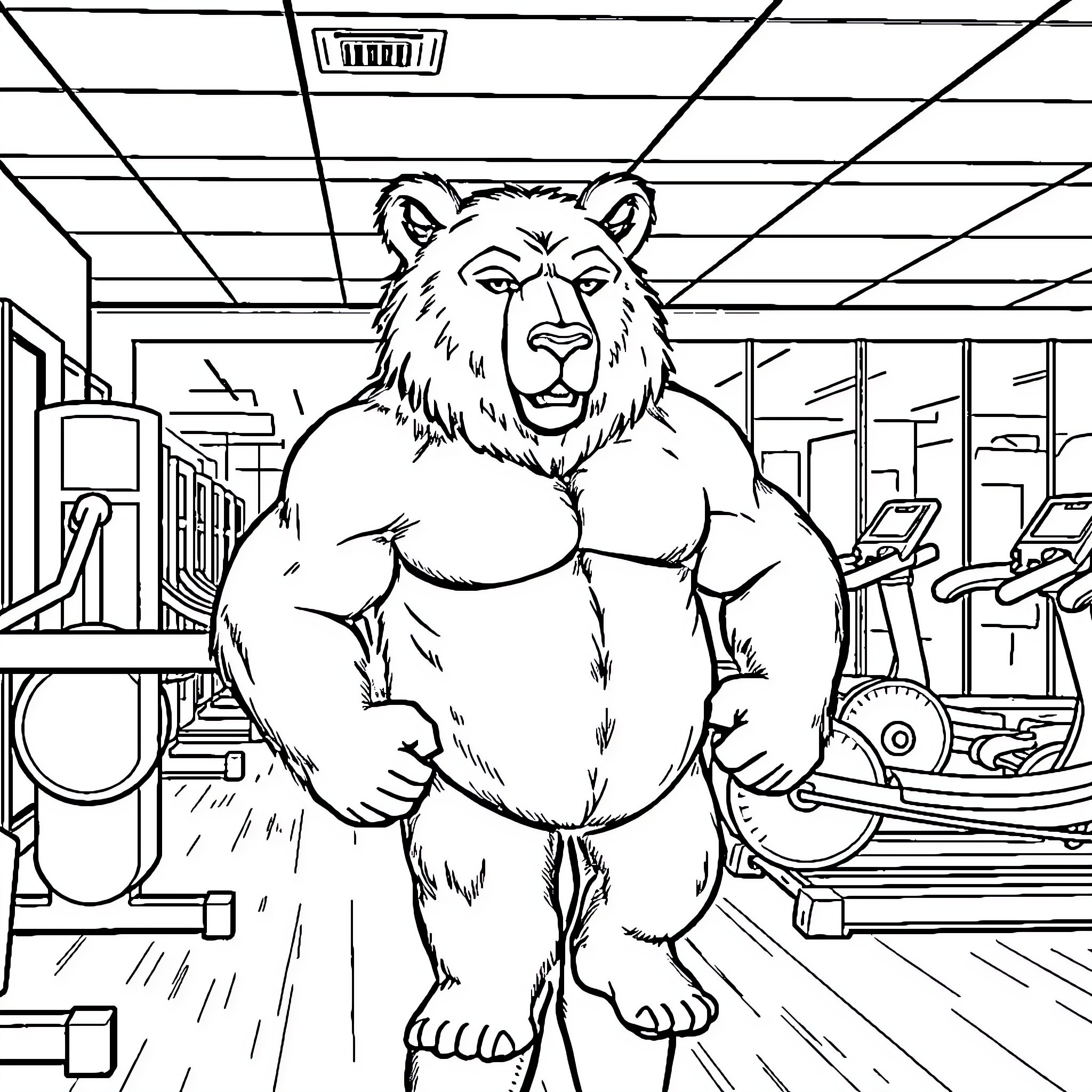Bear working out in a fitness gym Coloring Page (free black-and-white line drawing printable PDF for all, from beginners to advanced learners, including children, teens, adults, and seniors)