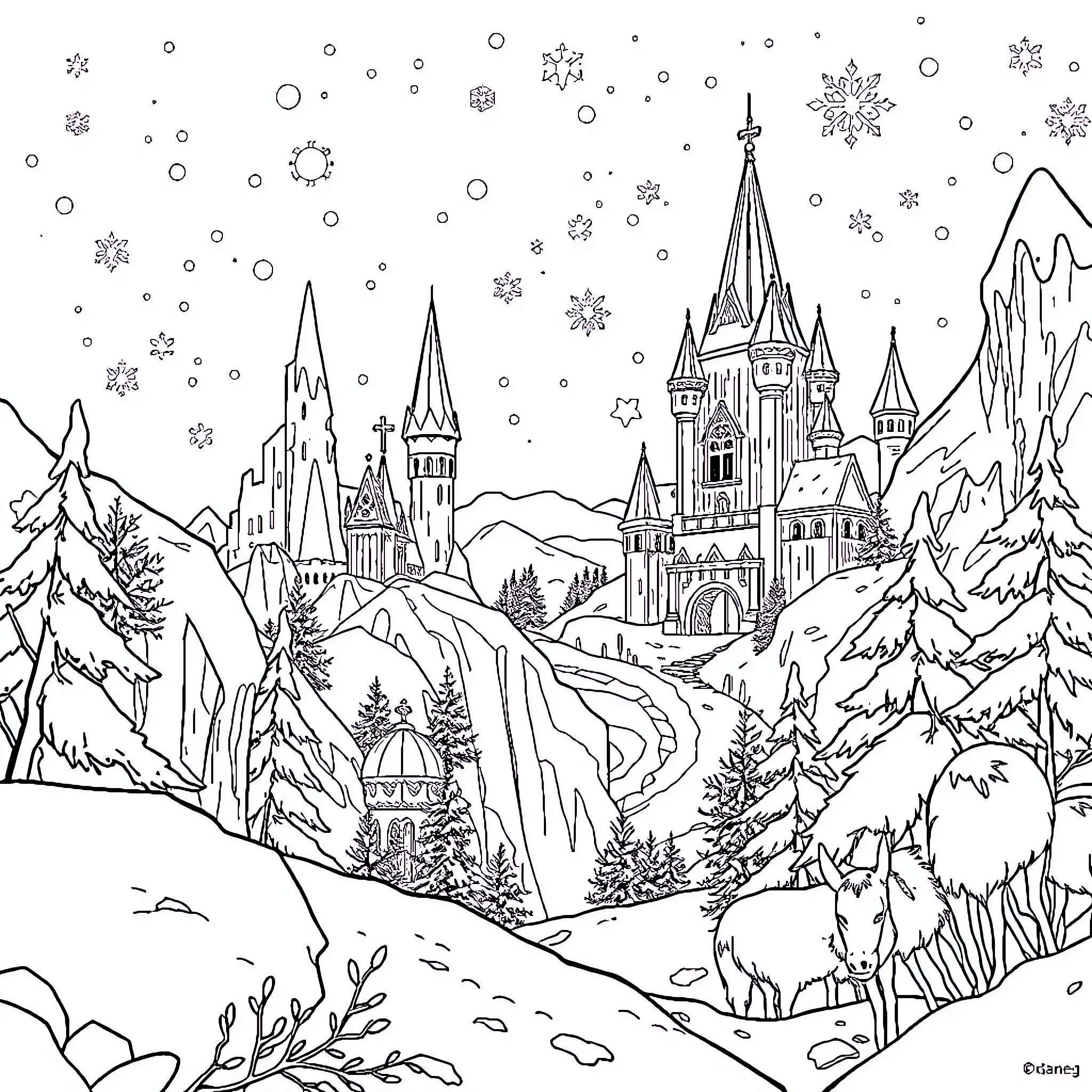 Queen's Enchanting Winter Wonderland Coloring Page (free black-and-white line drawing printable PDF for all, from beginners to advanced learners, including children, teens, adults, and seniors)