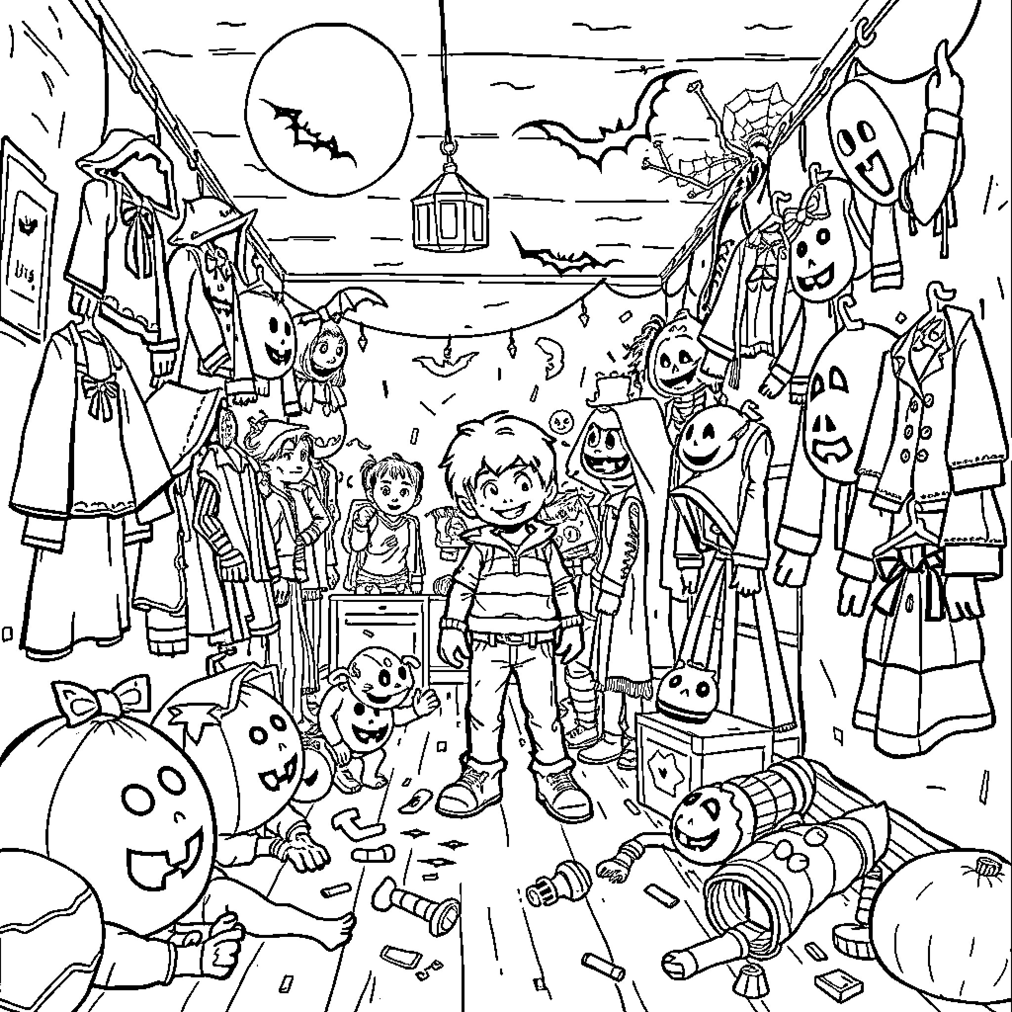 Halloween Costume Party with Festive Characters Coloring Page (free black-and-white line drawing printable PDF for all, from beginners to advanced learners, including children, teens, adults, and seniors)
