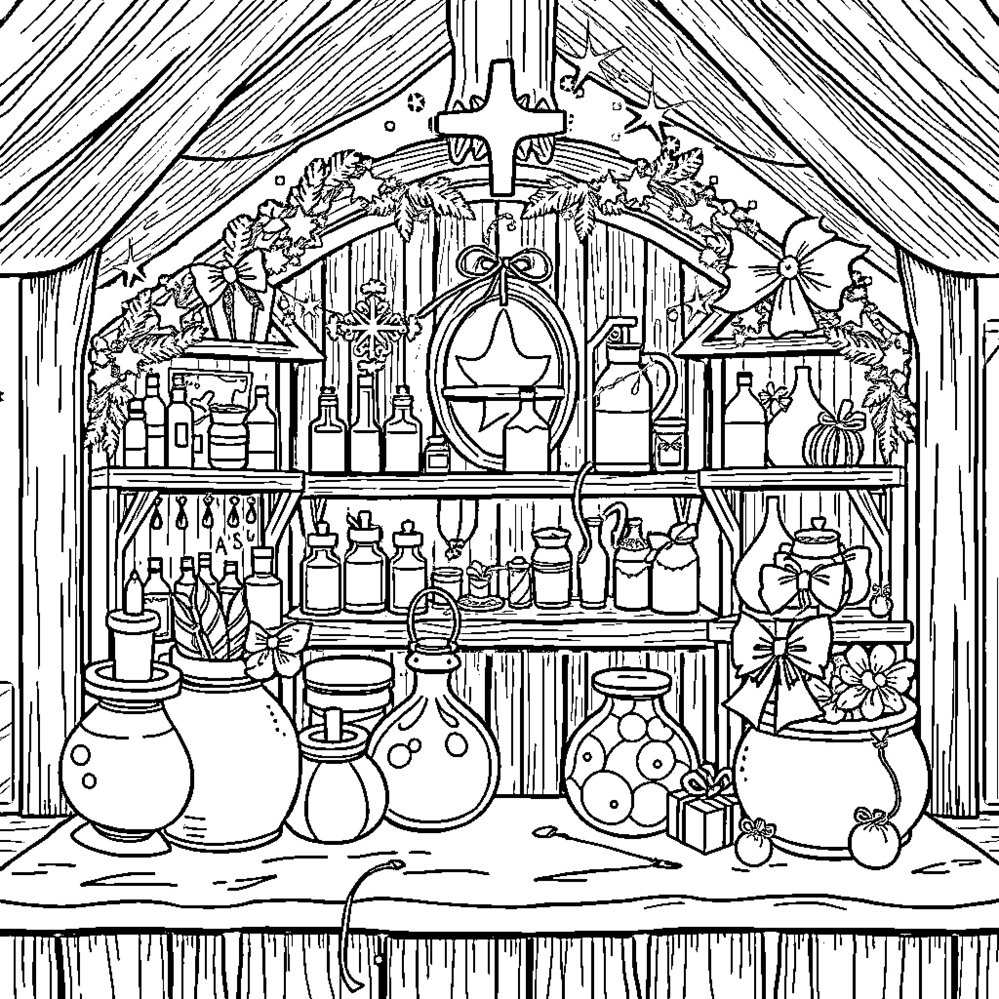 Potion Ingredients and Magical Brewing Equipment Coloring Page (free black-and-white line drawing printable PDF for all, from beginners to advanced learners, including children, teens, adults, and seniors)