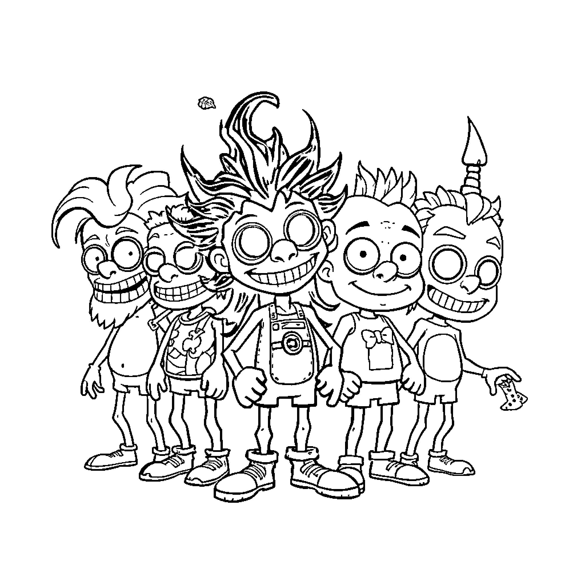 Brain Rots: Zany group of friends with silly expressions Coloring Page (free black-and-white line drawing printable PDF for all, from beginners to advanced learners, including children, teens, adults, and seniors)
