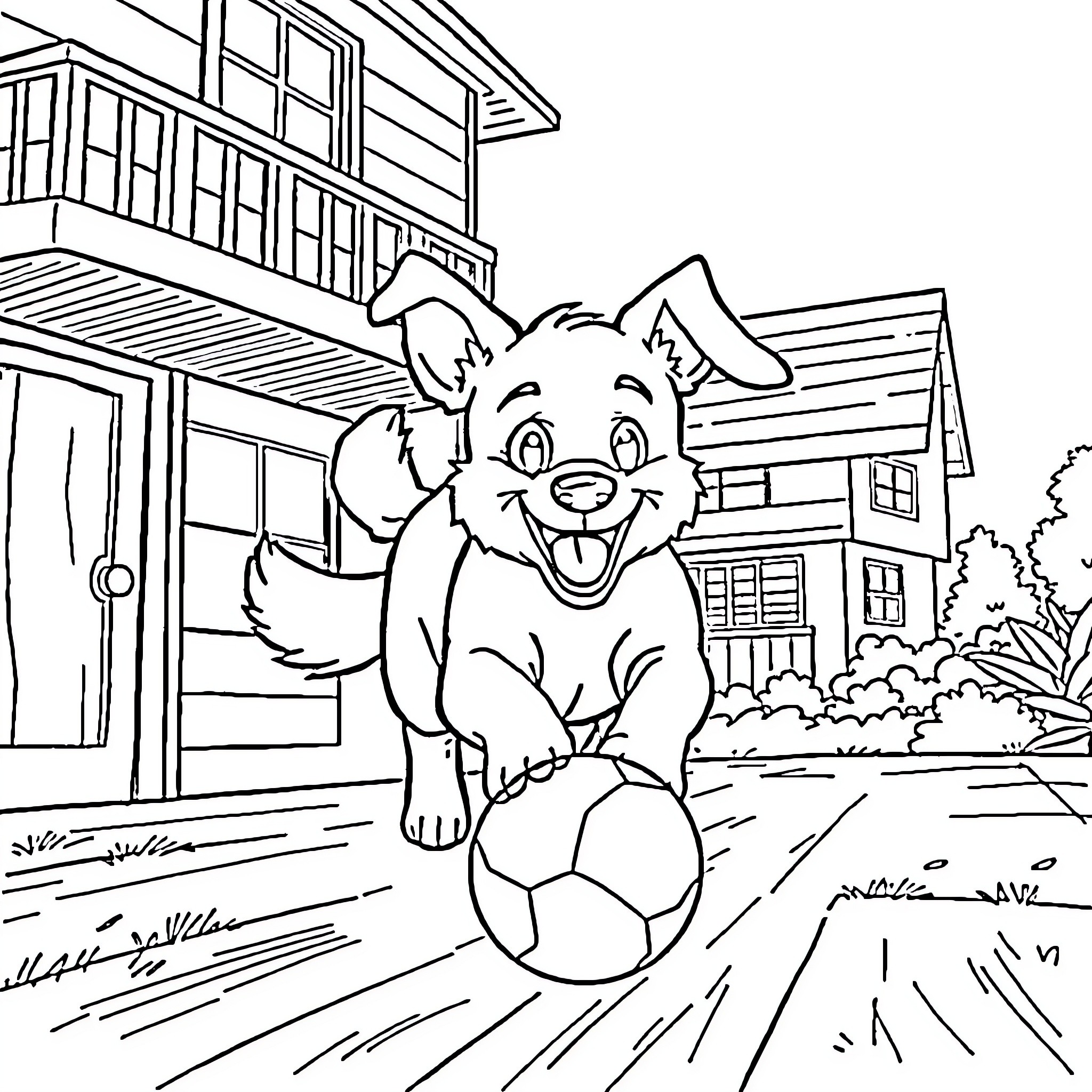 Dog playing joyfully with ball outside house Coloring Page (free black-and-white line drawing printable PDF for all, from beginners to advanced learners, including children, teens, adults, and seniors)