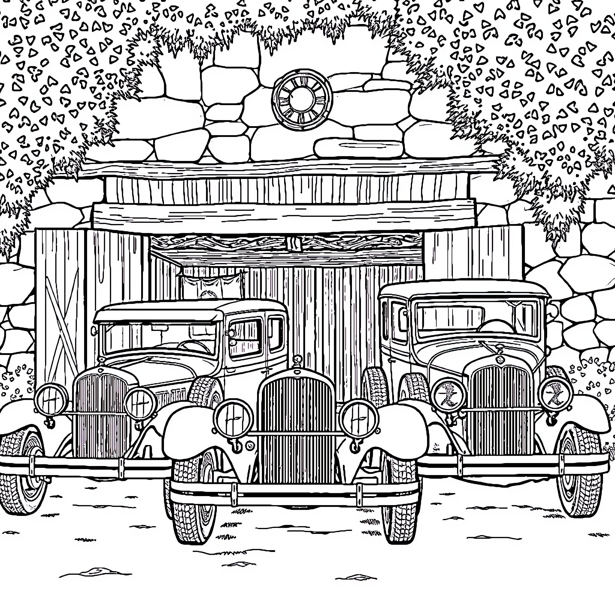 Car Garage in Rustic Countryside Setting Coloring Page (free black-and-white line drawing printable PDF for all, from beginners to advanced learners, including children, teens, adults, and seniors)