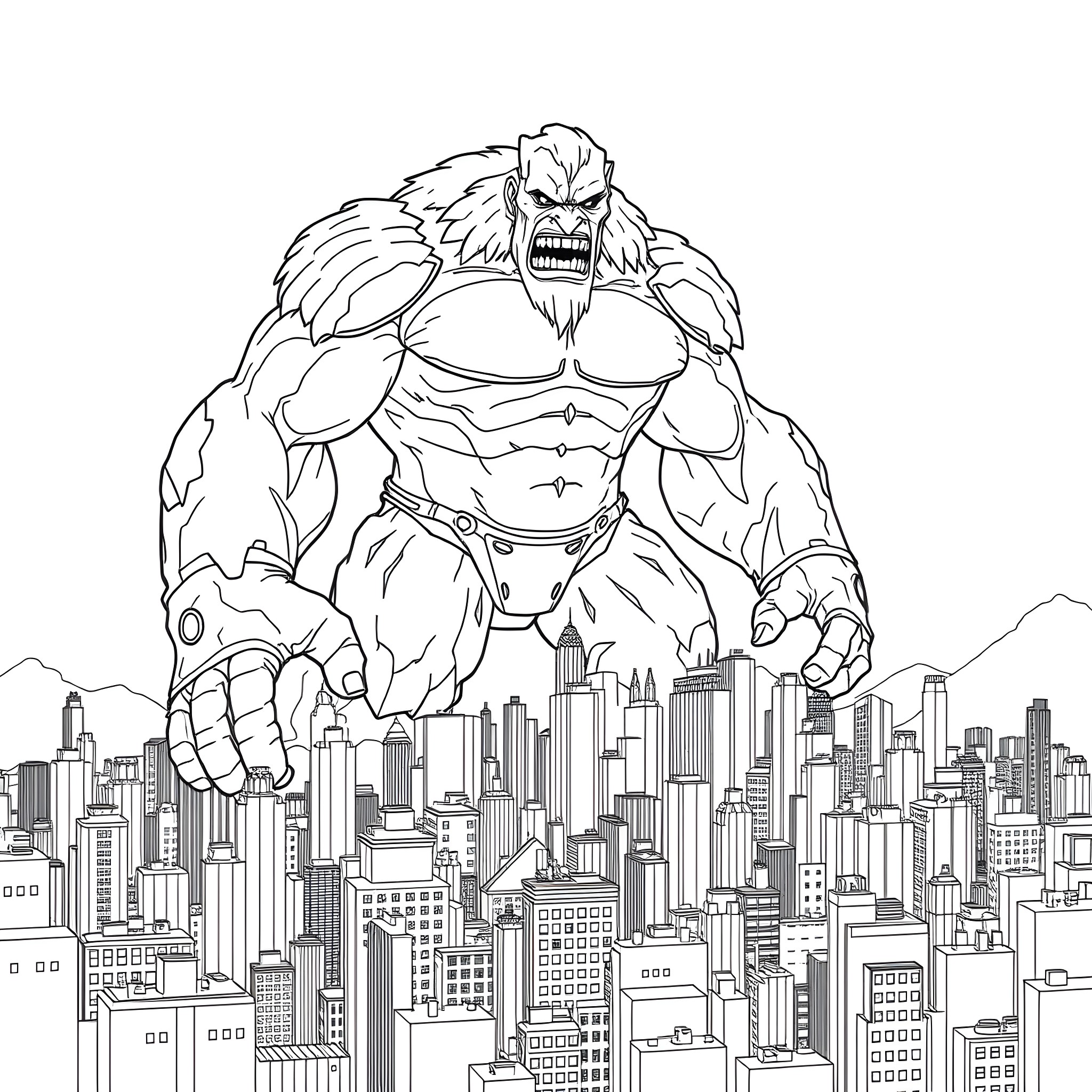 Titan Looming Over Metropolis Coloring Page (free black-and-white line drawing printable PDF for all, from beginners to advanced learners, including children, teens, adults, and seniors)