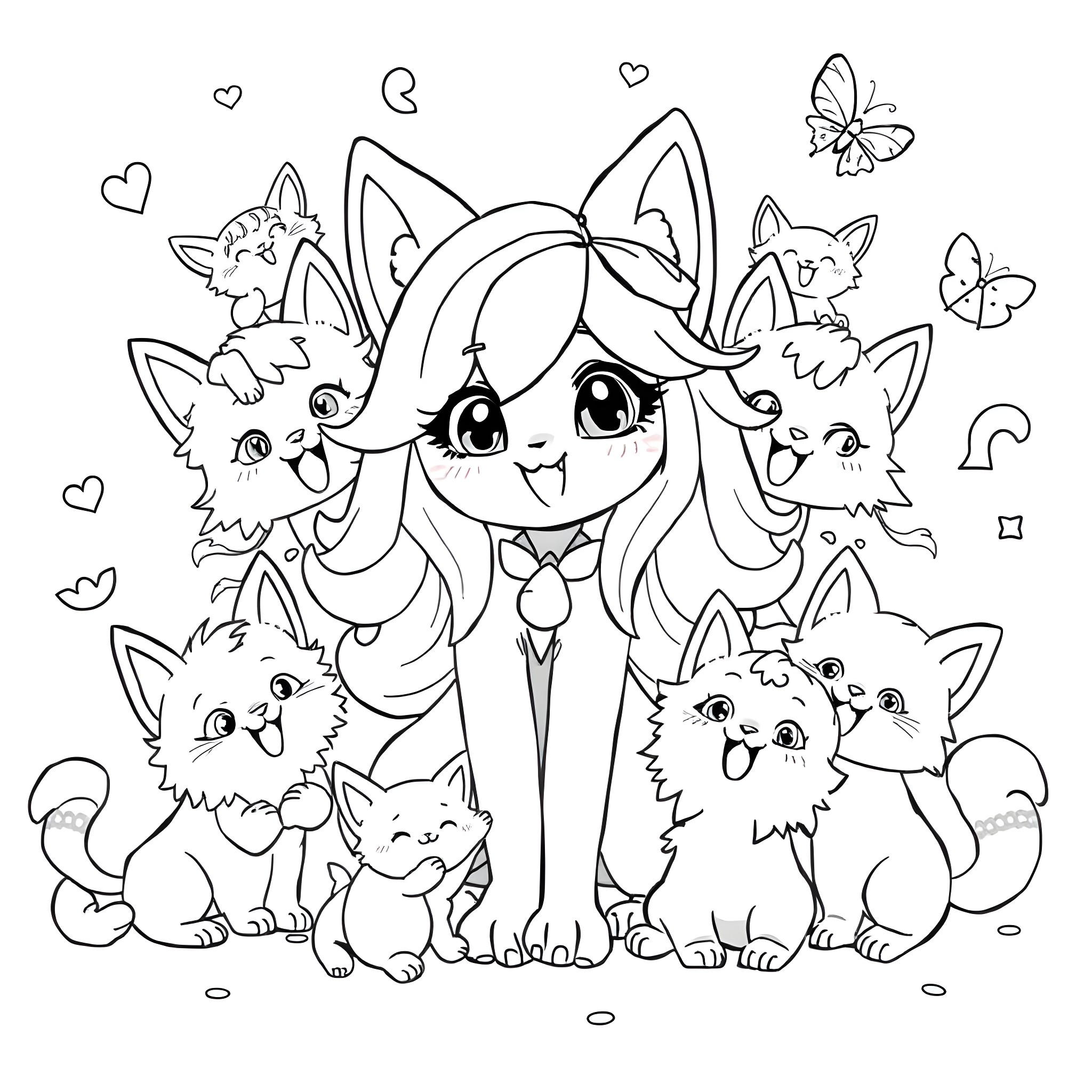 Aphmau and her adorable cat companions Coloring Page (free black-and-white line drawing printable PDF for all, from beginners to advanced learners, including children, teens, adults, and seniors)