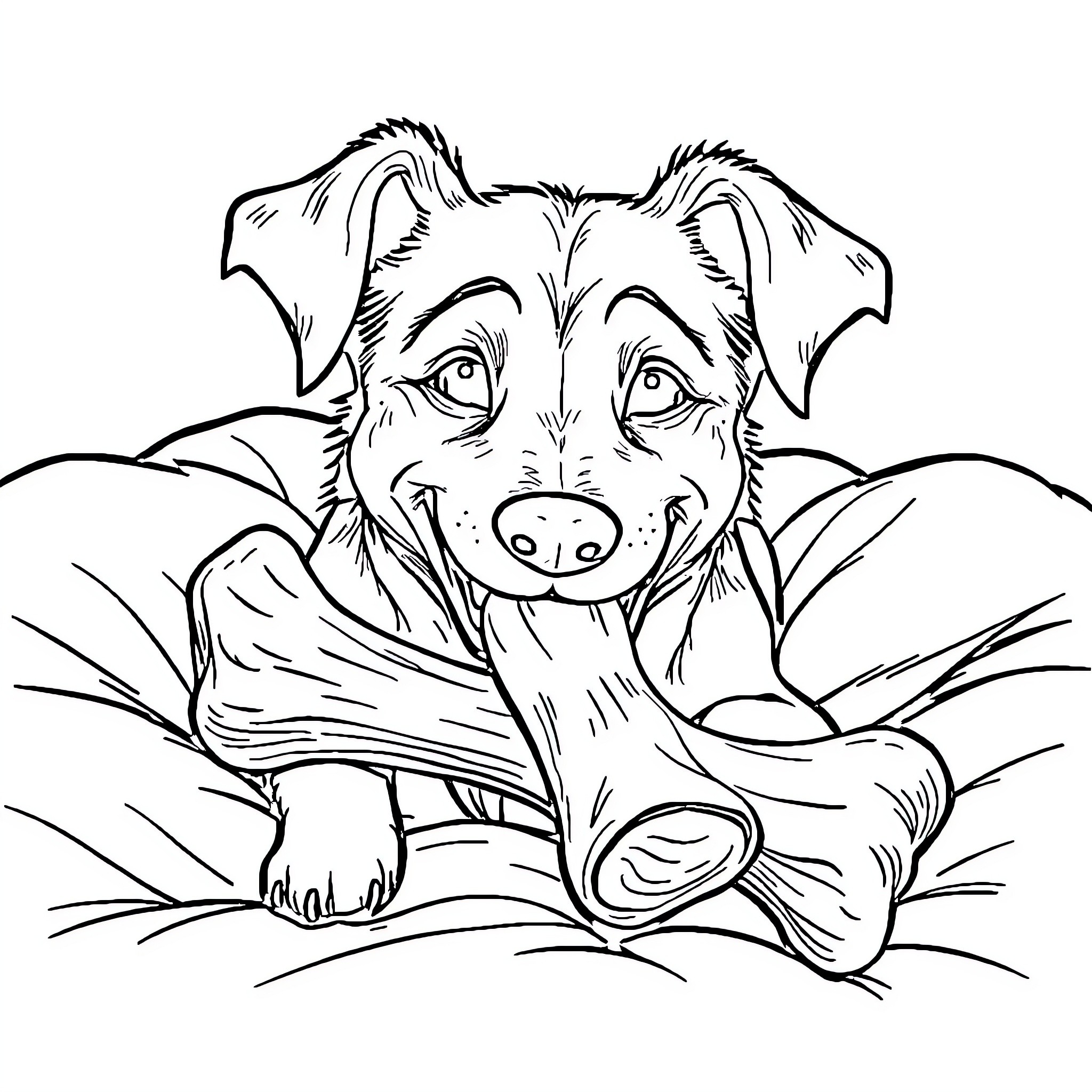 Dog chewing on a stick in the garden Coloring Page (free black-and-white line drawing printable PDF for all, from beginners to advanced learners, including children, teens, adults, and seniors)