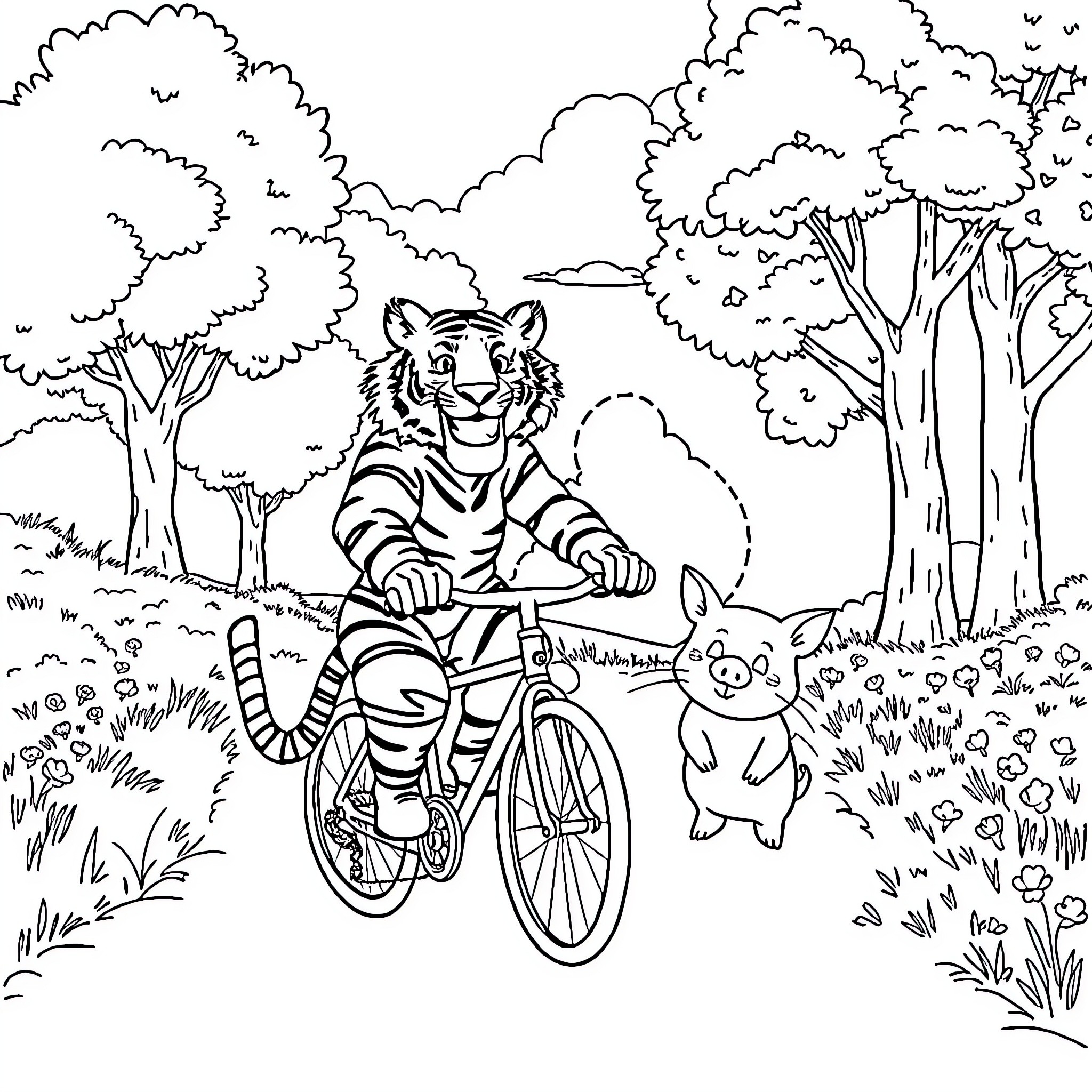 Tigger riding a bicycle with a friendly companion Coloring Page (free black-and-white line drawing printable PDF for all, from beginners to advanced learners, including children, teens, adults, and seniors)