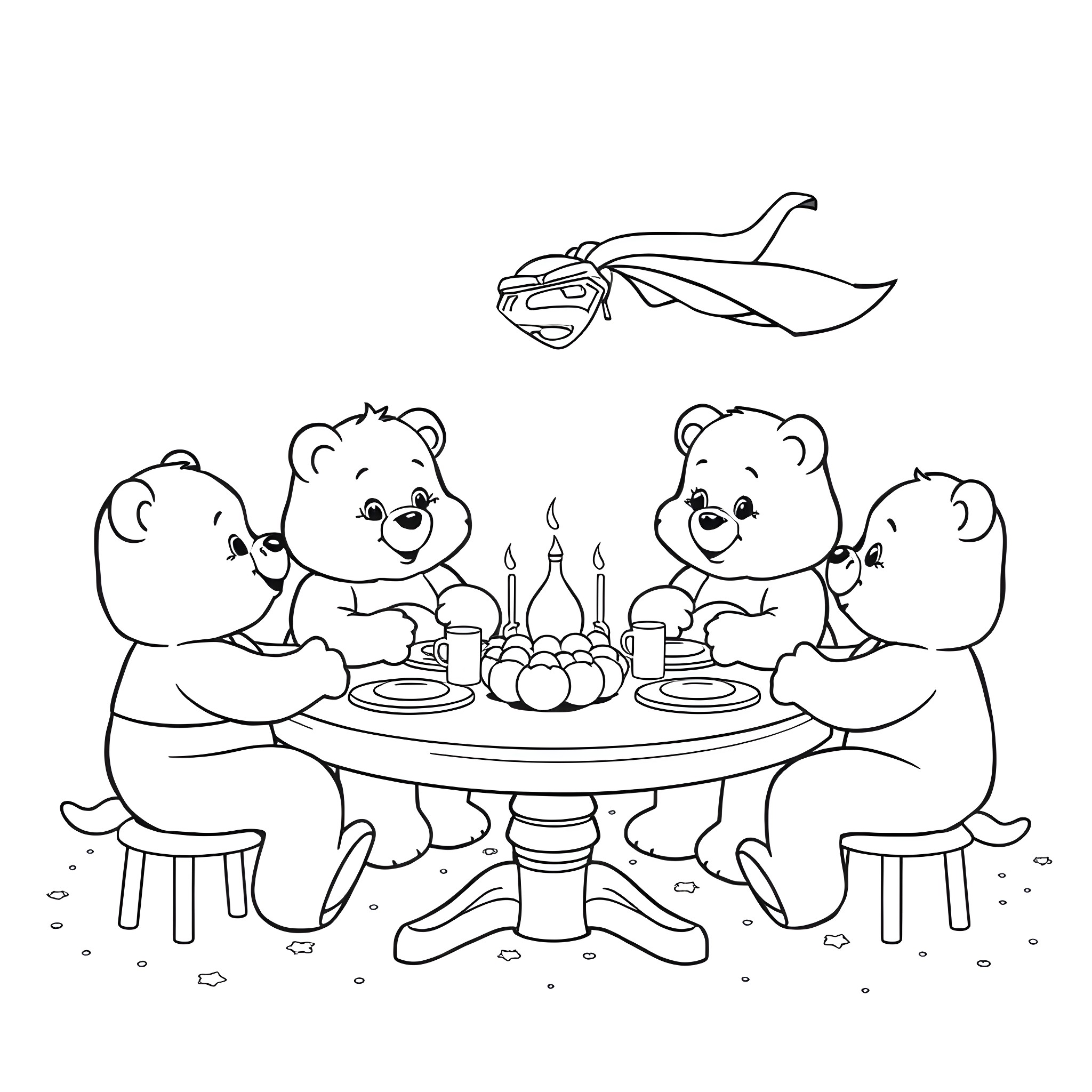 Carebear's Cozy Birthday Celebration Coloring Page (free black-and-white line drawing printable PDF for all, from beginners to advanced learners, including children, teens, adults, and seniors)