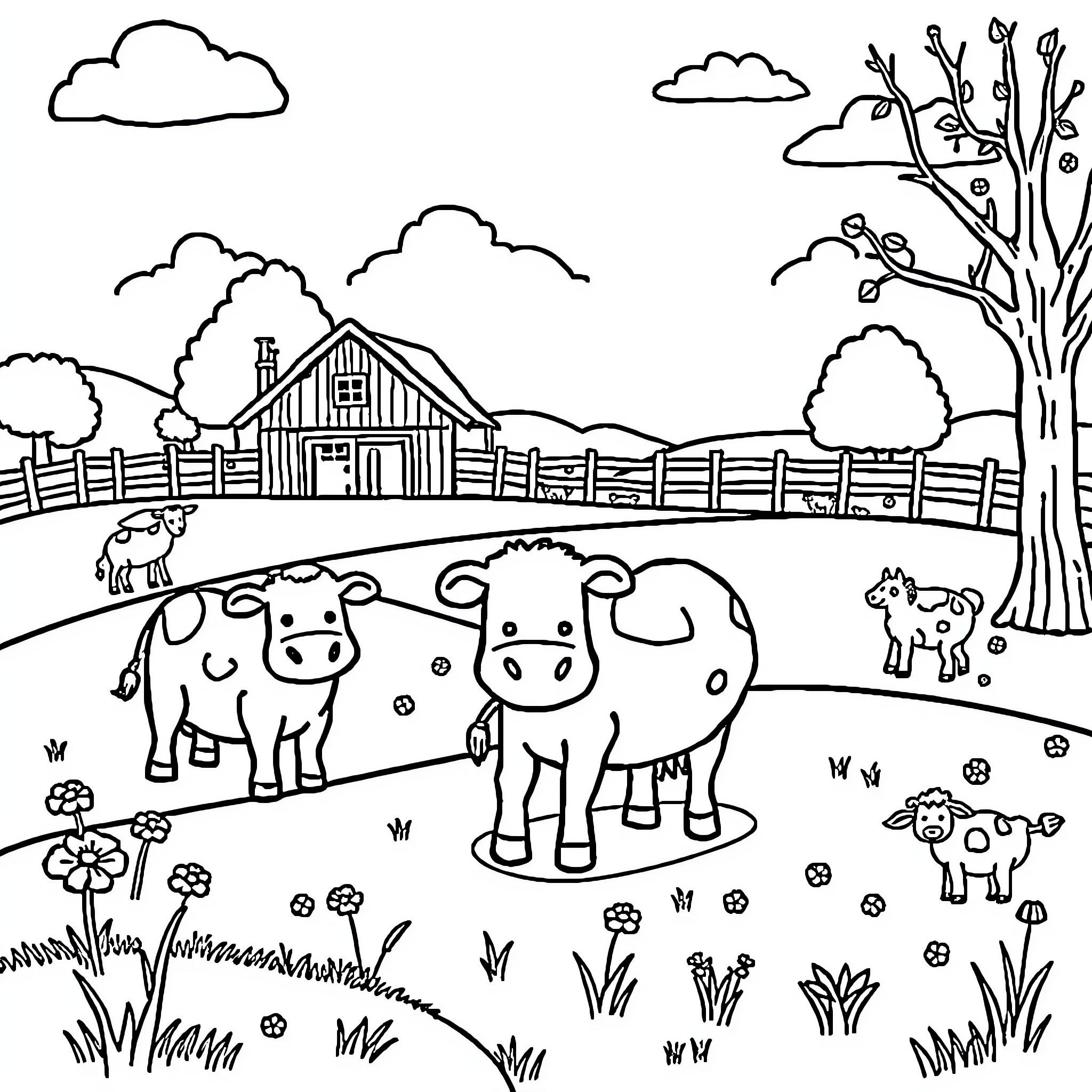 Farm animals enjoying a peaceful scene Coloring Page (free black-and-white line drawing printable PDF for all, from beginners to advanced learners, including children, teens, adults, and seniors)
