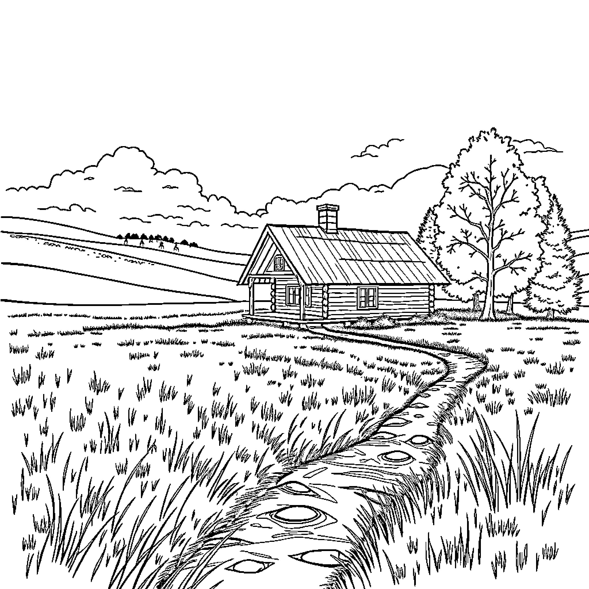 House with Rustic Charm in Scenic Countryside Coloring Page (free black-and-white line drawing printable PDF for all, from beginners to advanced learners, including children, teens, adults, and seniors)