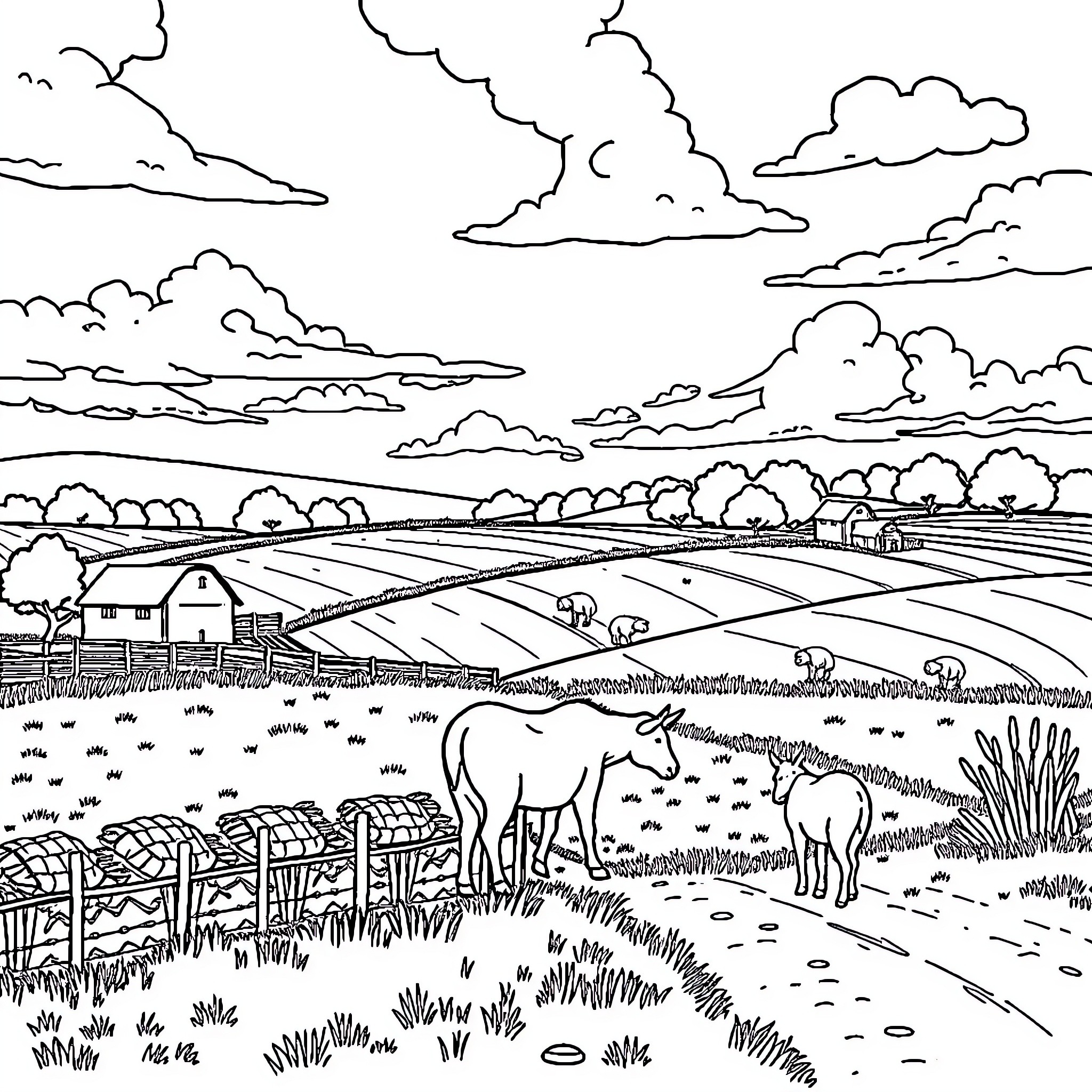 Campo Pastoral Scene with Farmland and Animals Coloring Page (free black-and-white line drawing printable PDF for all, from beginners to advanced learners, including children, teens, adults, and seniors)