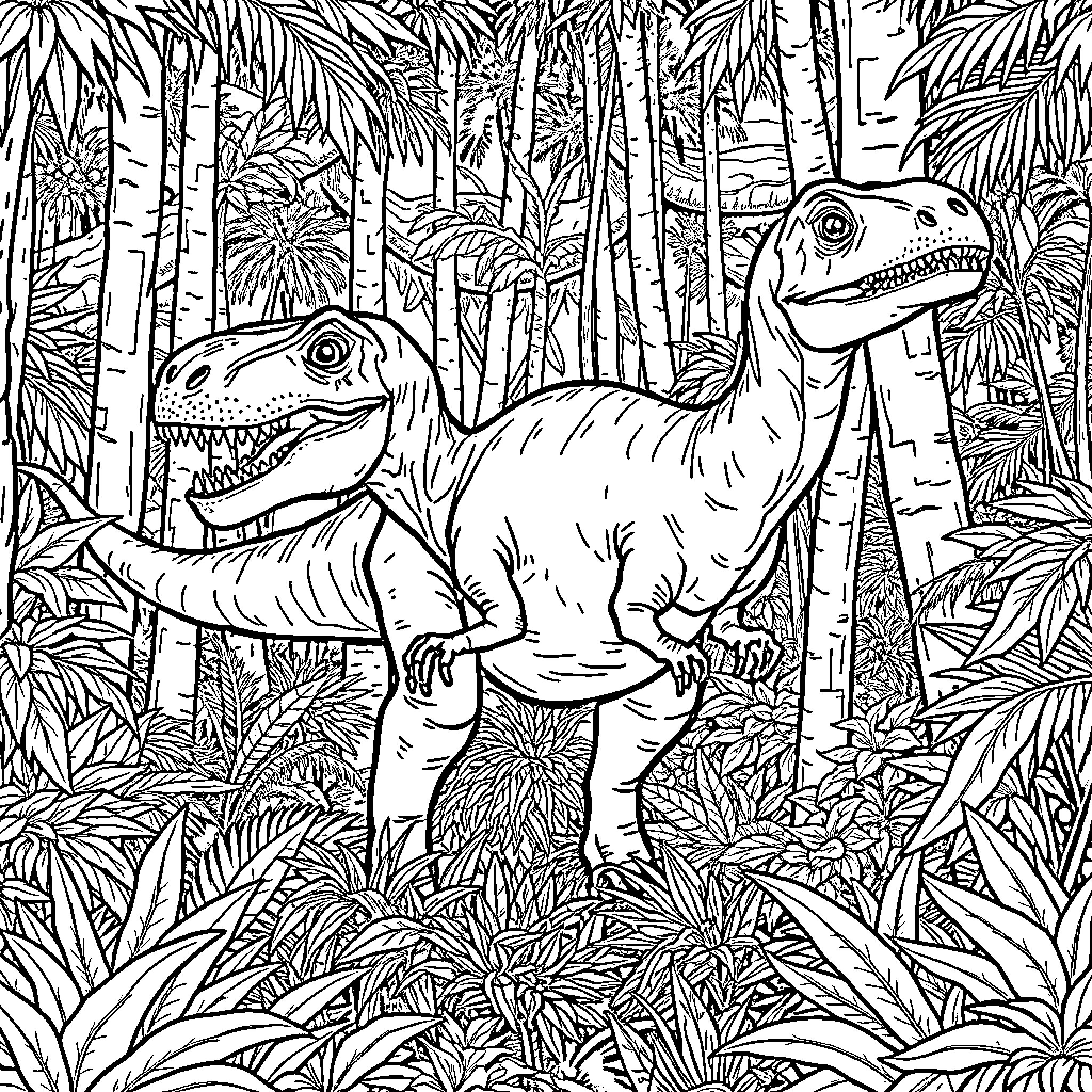 T-Rex Dinosaurs Exploring Jungle Landscape Coloring Page (free black-and-white line drawing printable PDF for all, from beginners to advanced learners, including children, teens, adults, and seniors)