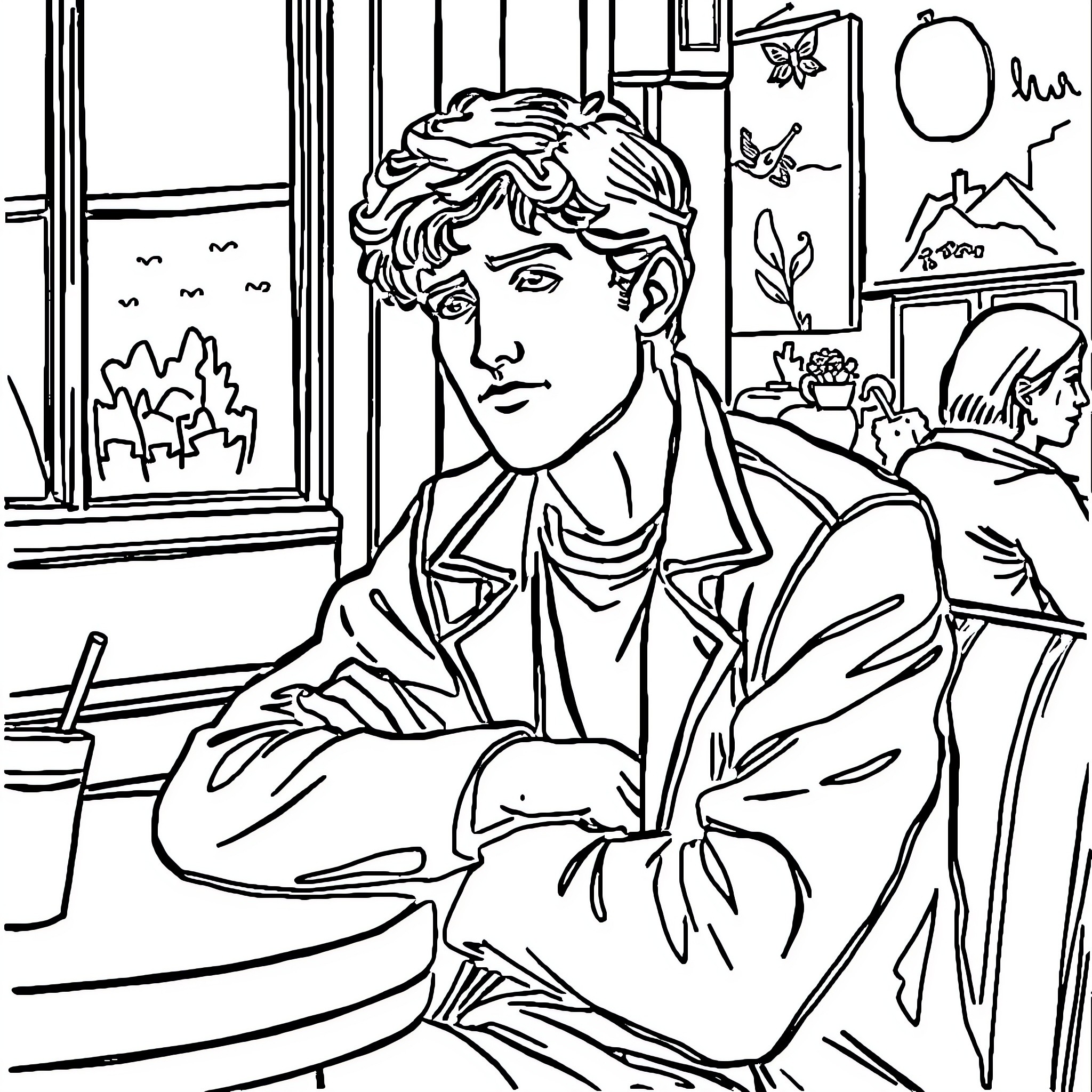 Vincent's Pensive Pose in the Artistic Workspace Coloring Page (free black-and-white line drawing printable PDF for all, from beginners to advanced learners, including children, teens, adults, and seniors)