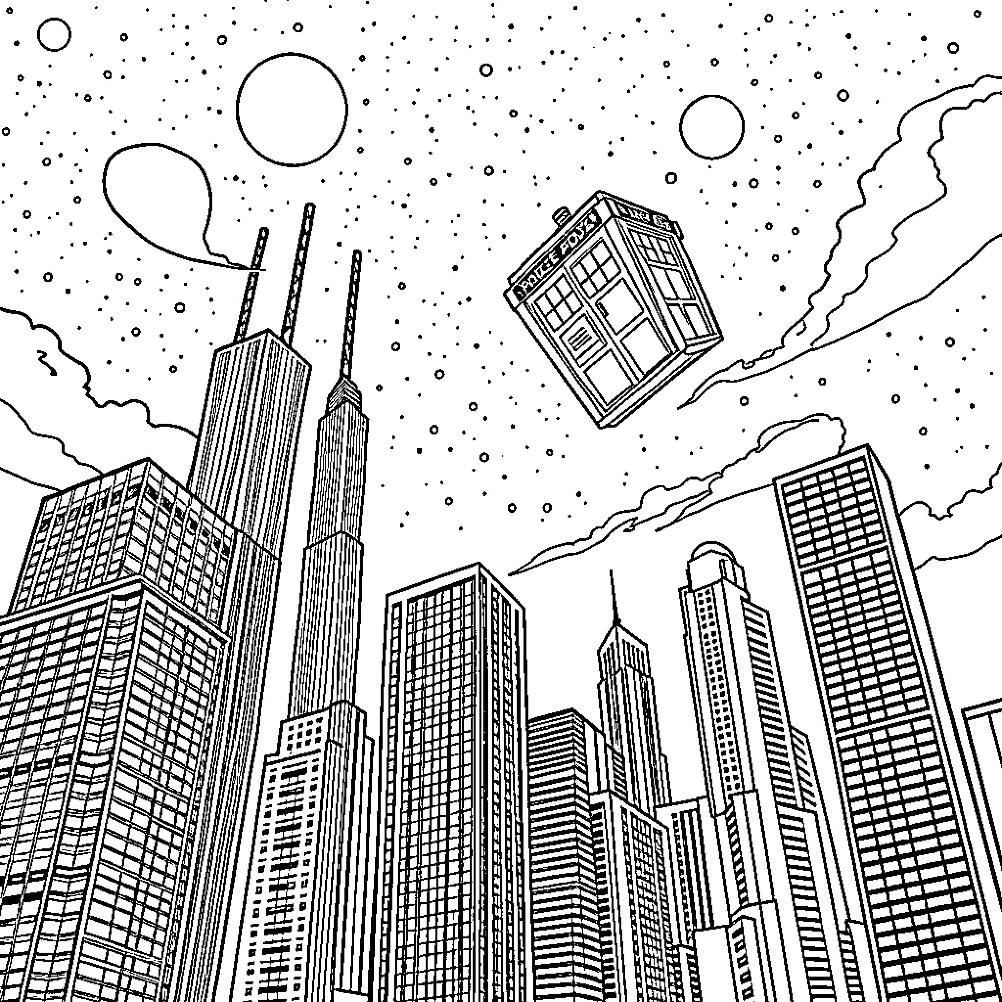 TARDIS floating above the city skyline Coloring Page (free black-and-white line drawing printable PDF for all, from beginners to advanced learners, including children, teens, adults, and seniors)