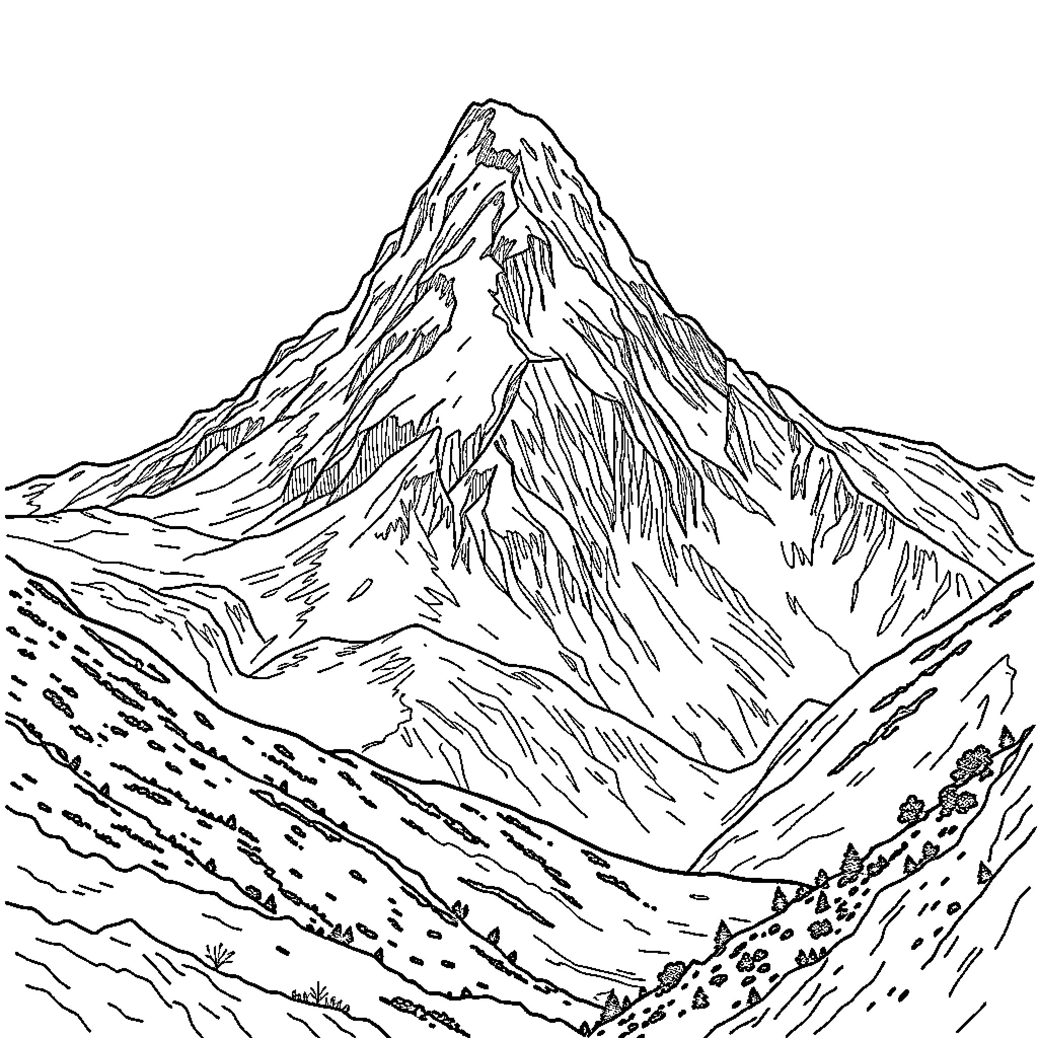 Mountain Landscape with Rugged Terrain Coloring Page (free black-and-white line drawing printable PDF for all, from beginners to advanced learners, including children, teens, adults, and seniors)