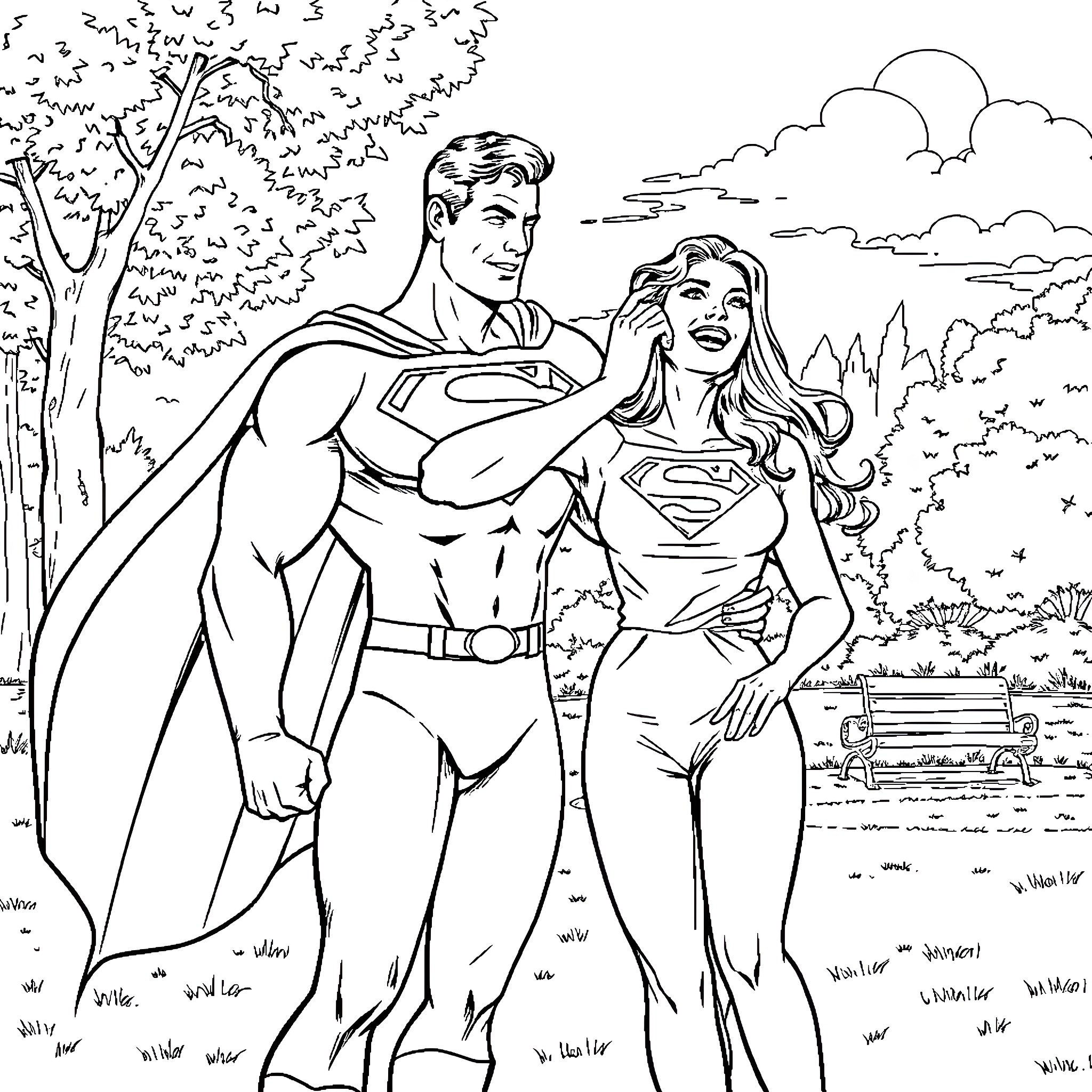 Superman and Superwoman in Heroic Pose Coloring Page (free black-and-white line drawing printable PDF for all, from beginners to advanced learners, including children, teens, adults, and seniors)