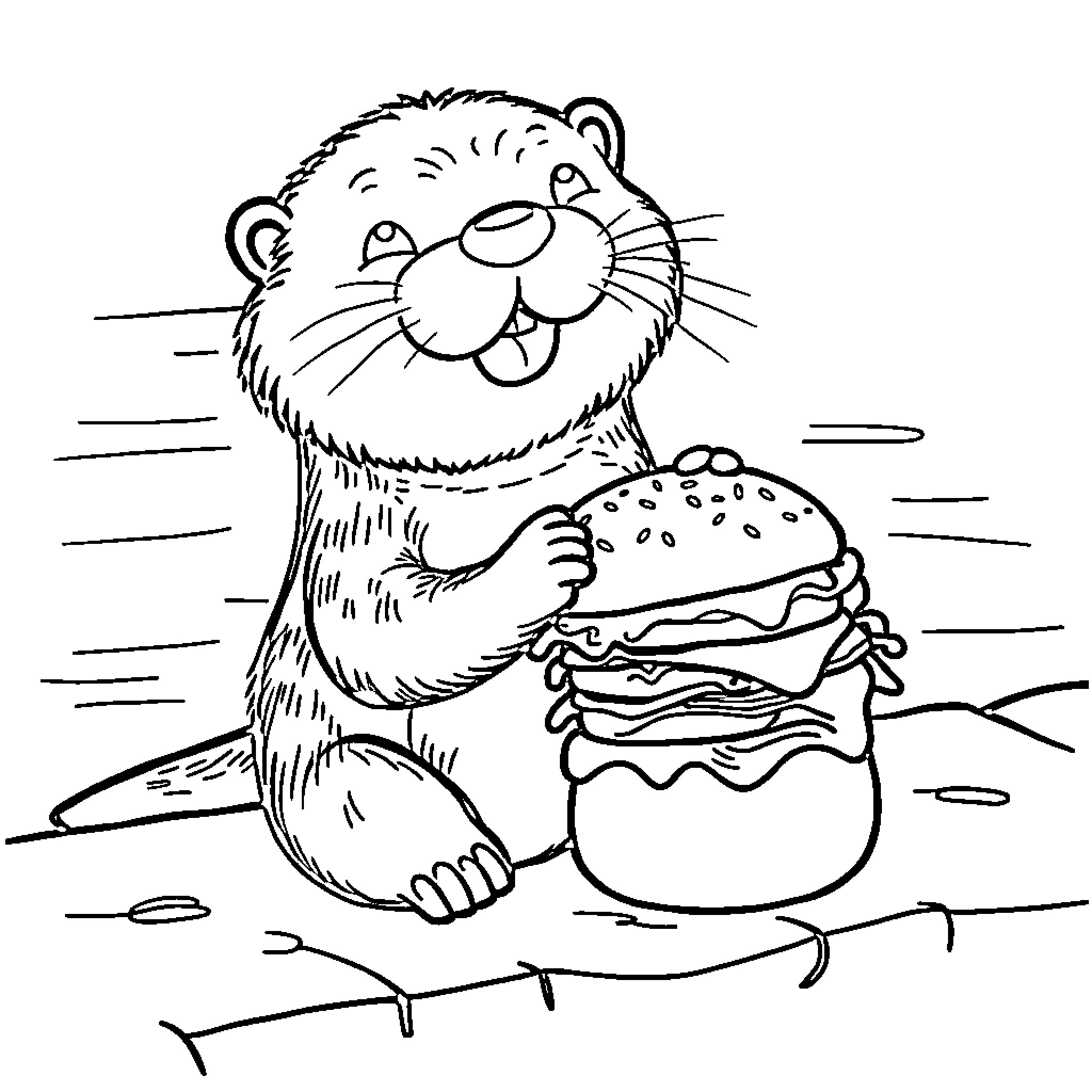 Otter enjoying a delicious burger Coloring Page (free black-and-white line drawing printable PDF for all, from beginners to advanced learners, including children, teens, adults, and seniors)