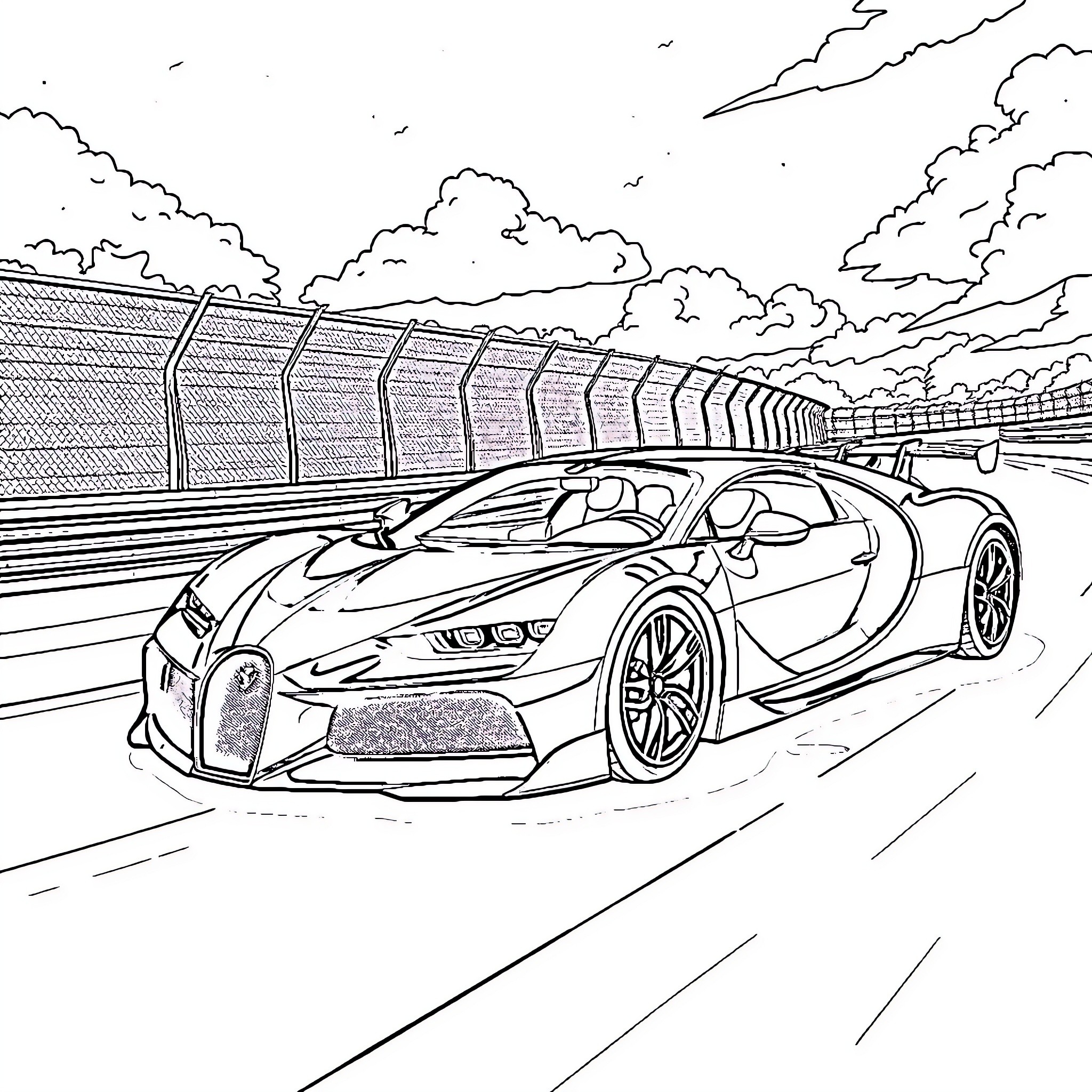 Car racing at high speed on track Coloring Page (free black-and-white line drawing printable PDF for all, from beginners to advanced learners, including children, teens, adults, and seniors)