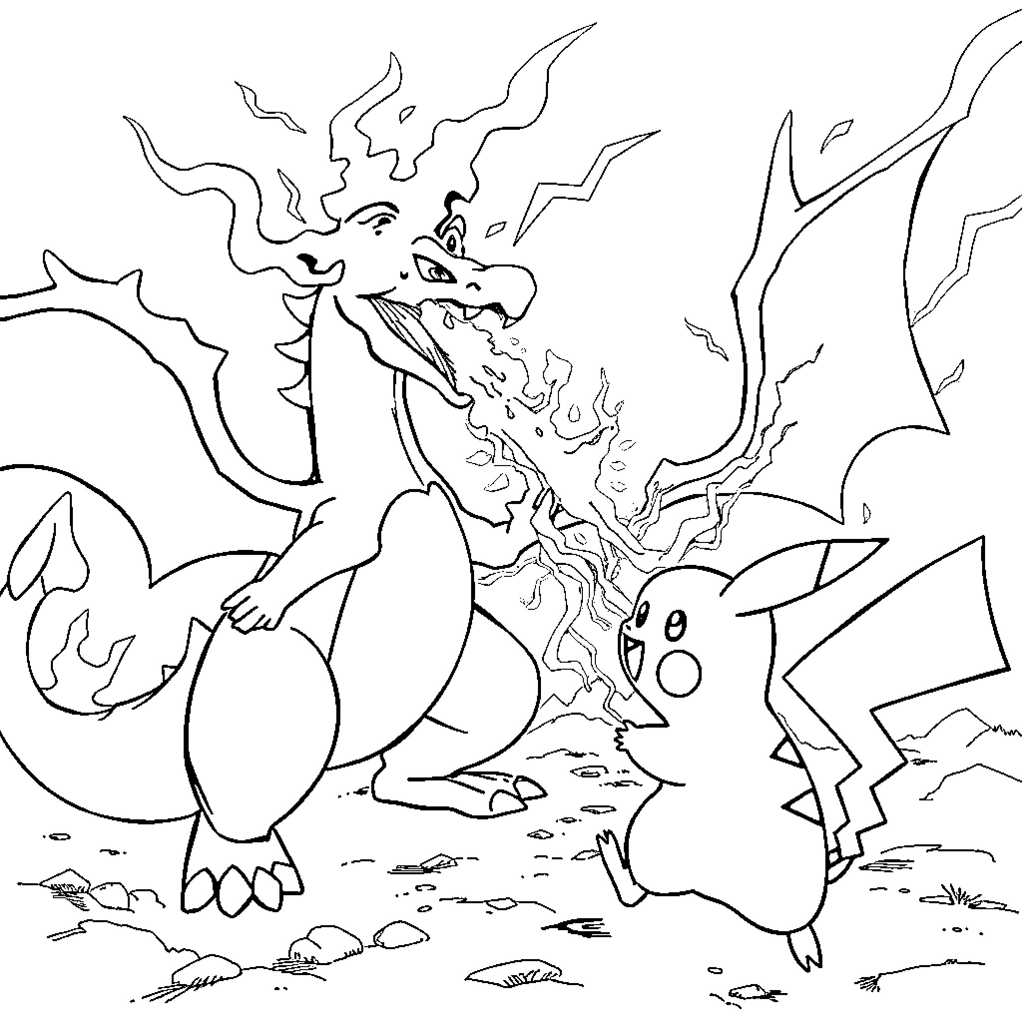 Charizard and Pikachu in a fiery battle Coloring Page (free black-and-white line drawing printable PDF for all, from beginners to advanced learners, including children, teens, adults, and seniors)