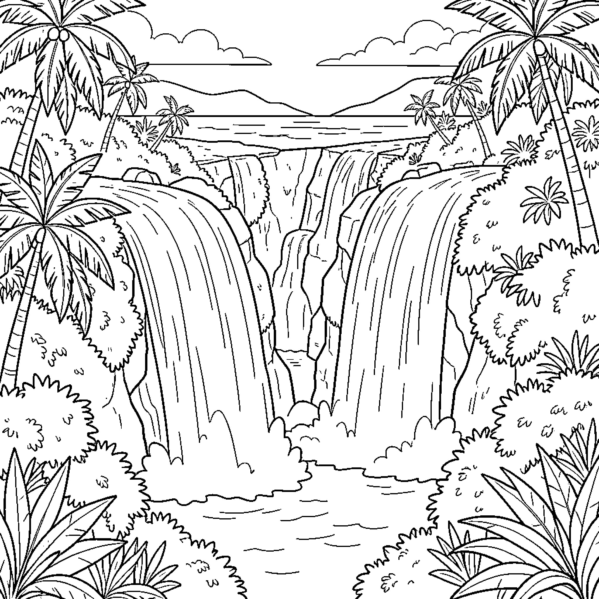 Chute of water falling between tropical jungle plants Coloring Page (free black-and-white line drawing printable PDF for all, from beginners to advanced learners, including children, teens, adults, and seniors)