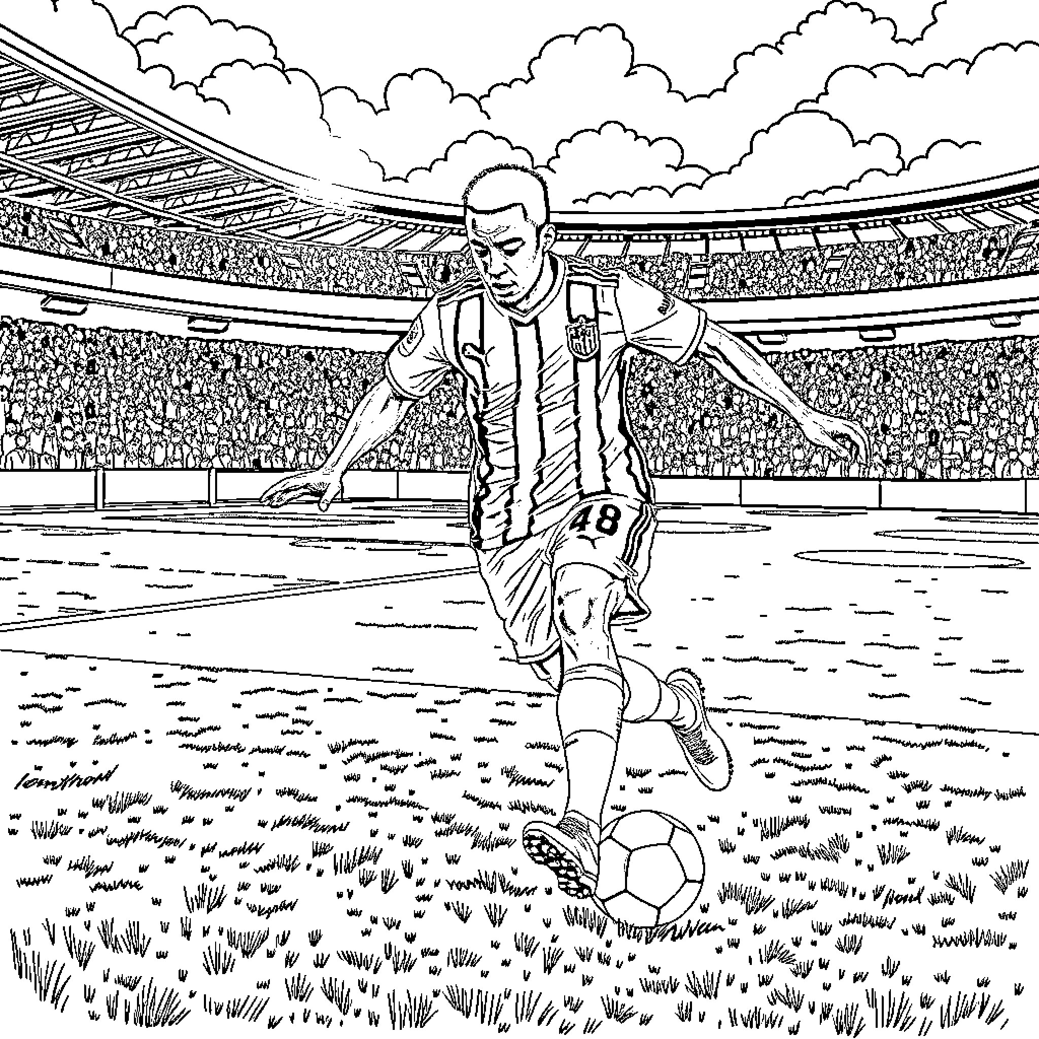 Ousmane Dembélé playing football on the field Coloring Page (free black-and-white line drawing printable PDF for all, from beginners to advanced learners, including children, teens, adults, and seniors)