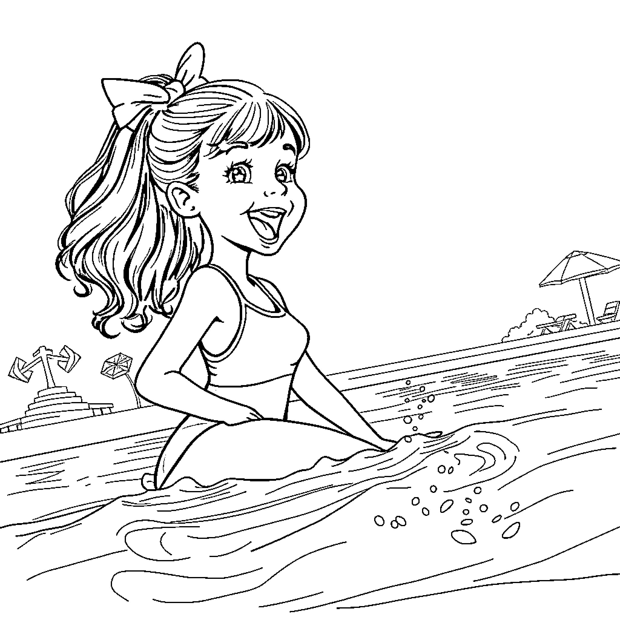 Girl enjoying a day at the beach Coloring Page (free black-and-white line drawing printable PDF for all, from beginners to advanced learners, including children, teens, adults, and seniors)