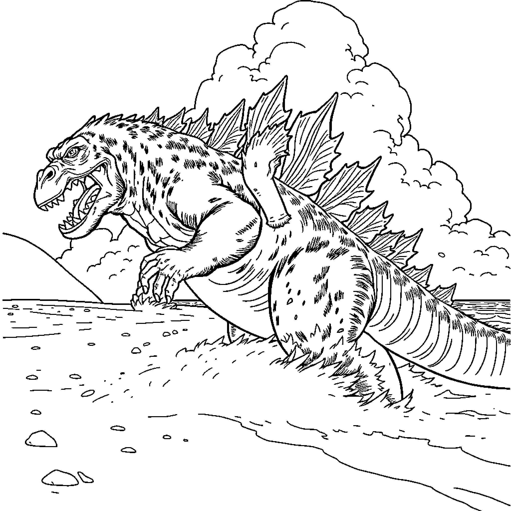 King Kong roaring in the stormy landscape Coloring Page (free black-and-white line drawing printable PDF for all, from beginners to advanced learners, including children, teens, adults, and seniors)