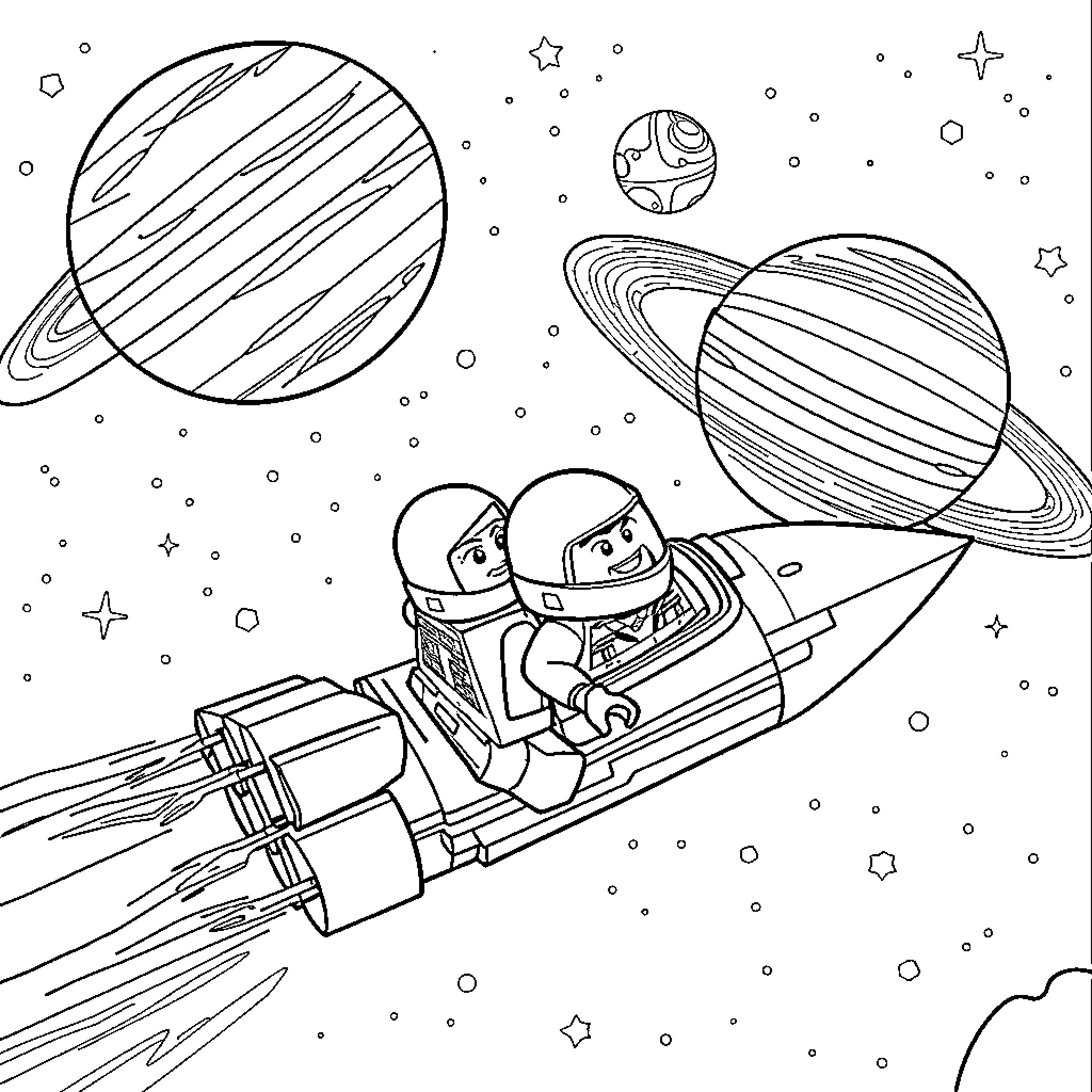 Lego Man Astronauts Exploring Outer Space Coloring Page (free black-and-white line drawing printable PDF for all, from beginners to advanced learners, including children, teens, adults, and seniors)