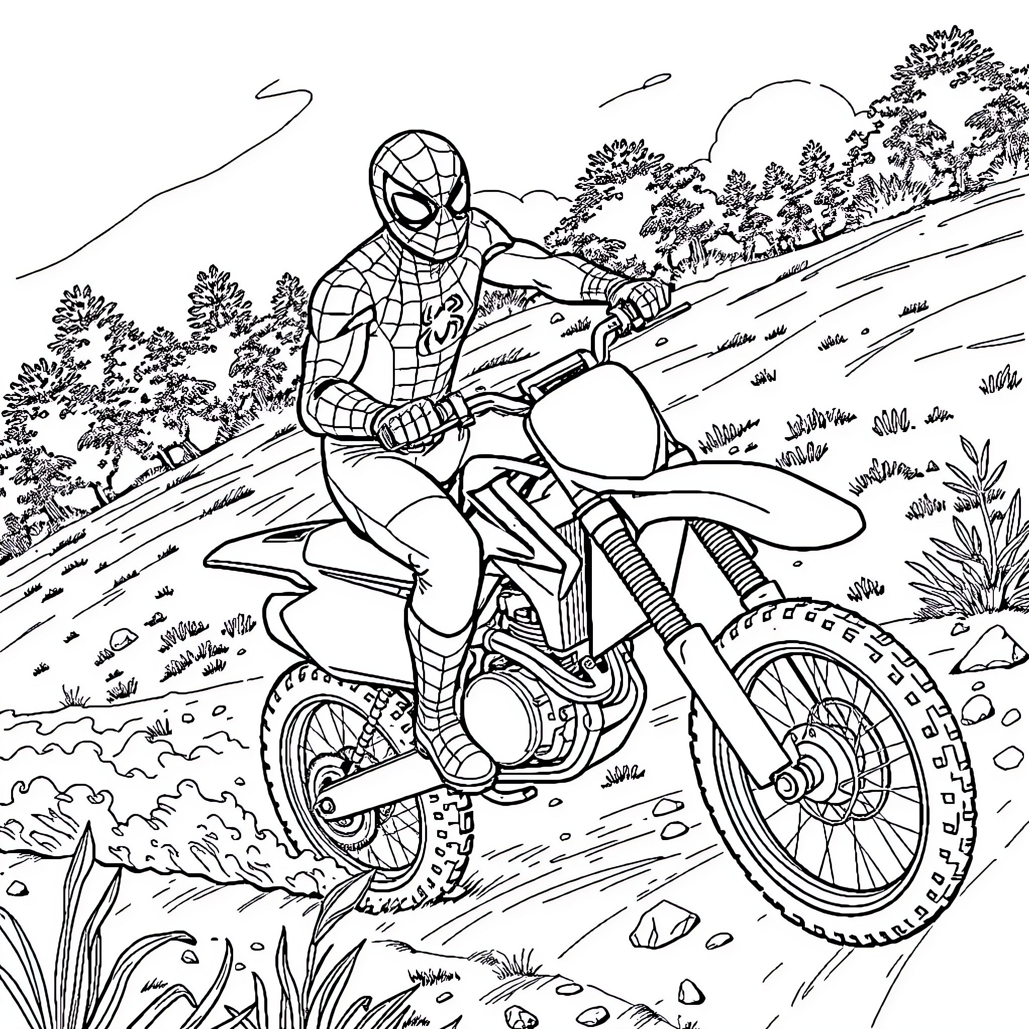 Spiderman riding a motorcycle through the forest Coloring Page (free black-and-white line drawing printable PDF for all, from beginners to advanced learners, including children, teens, adults, and seniors)