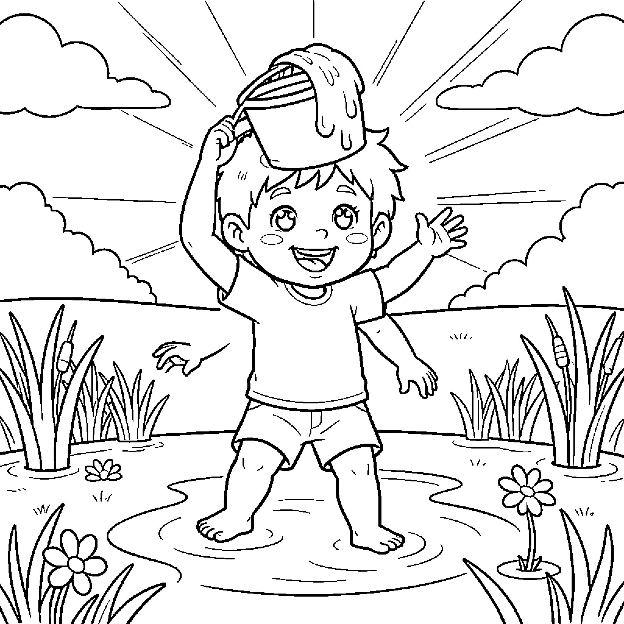 Child Happily Playing in Nature Coloring Page (free black-and-white line drawing printable PDF for all, from beginners to advanced learners, including children, teens, adults, and seniors)