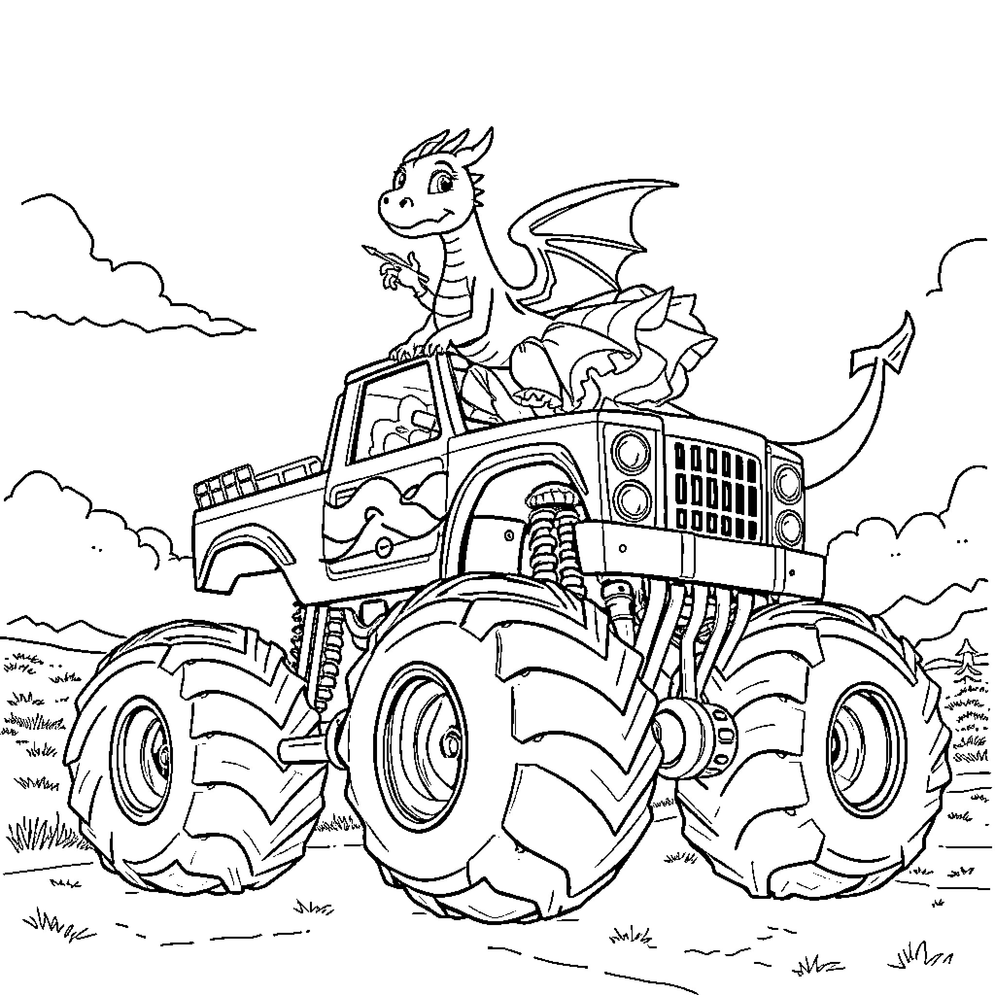 Dragon riding joyfully on a monster truck Coloring Page (free black-and-white line drawing printable PDF for all, from beginners to advanced learners, including children, teens, adults, and seniors)