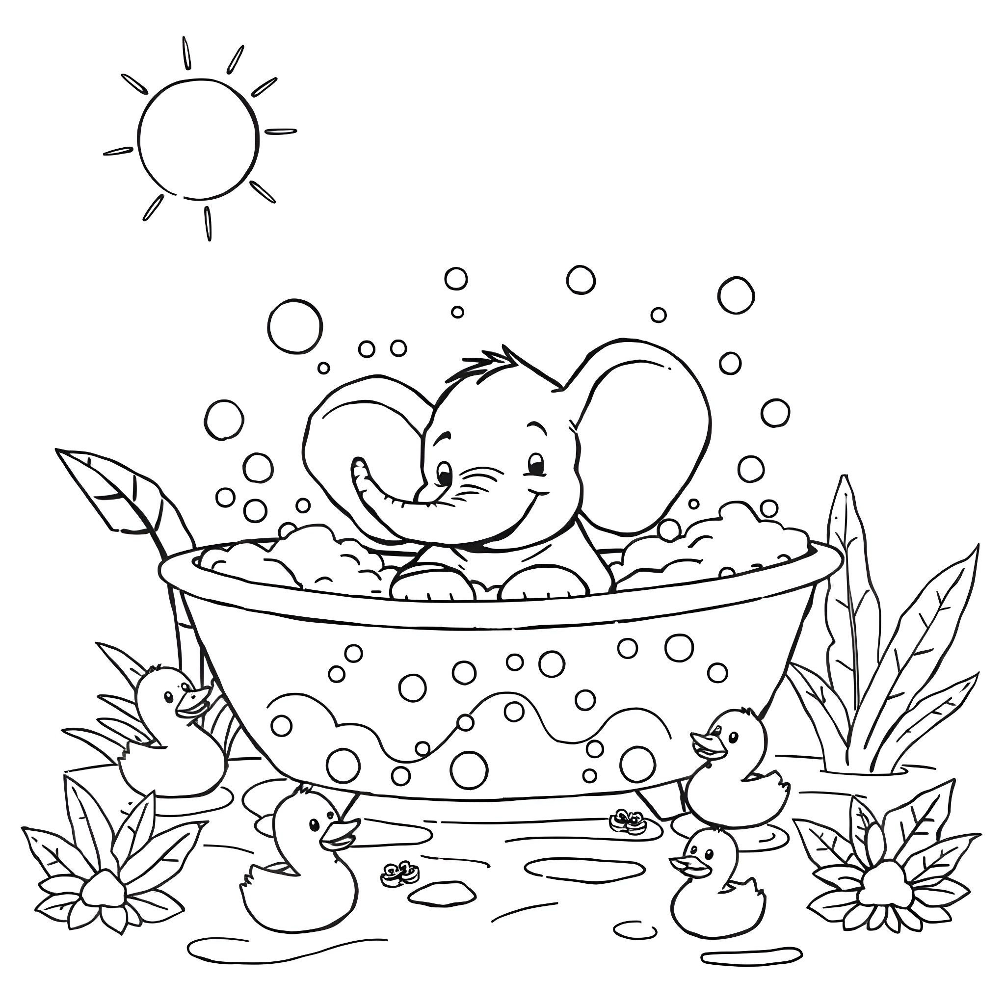 Elephant enjoying a relaxing bath with ducklings Coloring Page (free black-and-white line drawing printable PDF for all, from beginners to advanced learners, including children, teens, adults, and seniors)