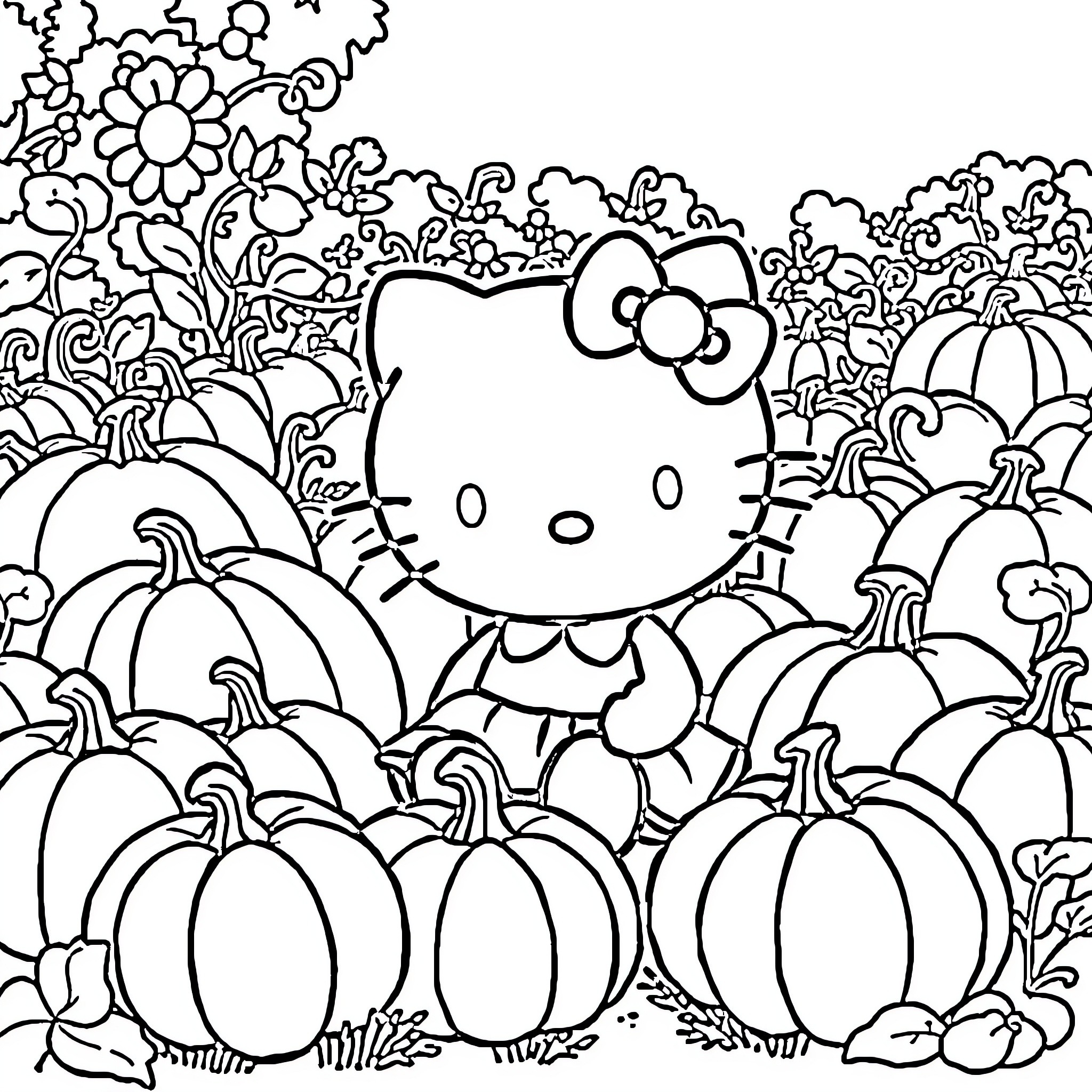 Hello Kitty among pumpkins and flowers Coloring Page (free black-and-white line drawing printable PDF for all, from beginners to advanced learners, including children, teens, adults, and seniors)