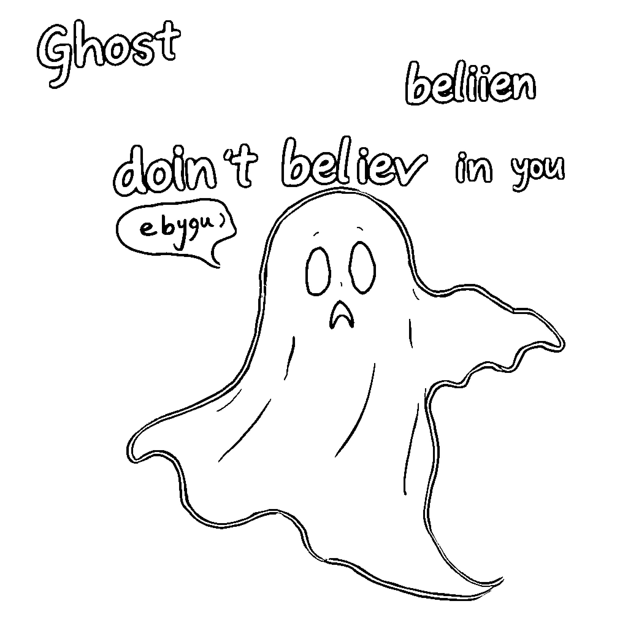 Ghost expressing disbelief in cartoon style Coloring Page (free black-and-white line drawing printable PDF for all, from beginners to advanced learners, including children, teens, adults, and seniors)