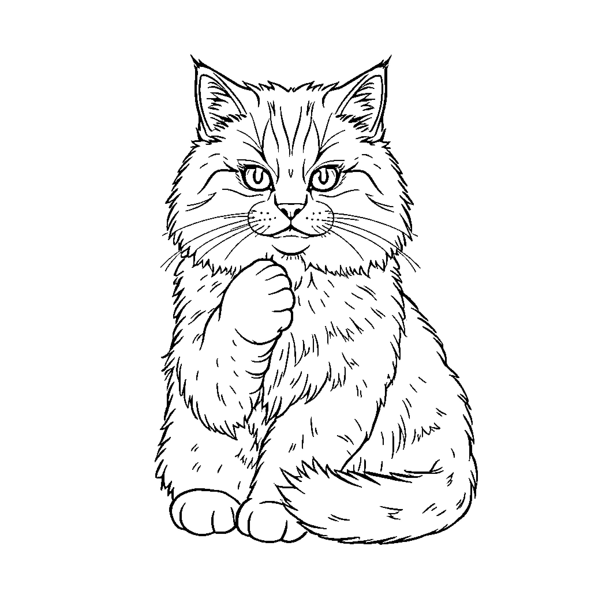Cat in a Pensive Pose Coloring Page (free black-and-white line drawing printable PDF for all, from beginners to advanced learners, including children, teens, adults, and seniors)