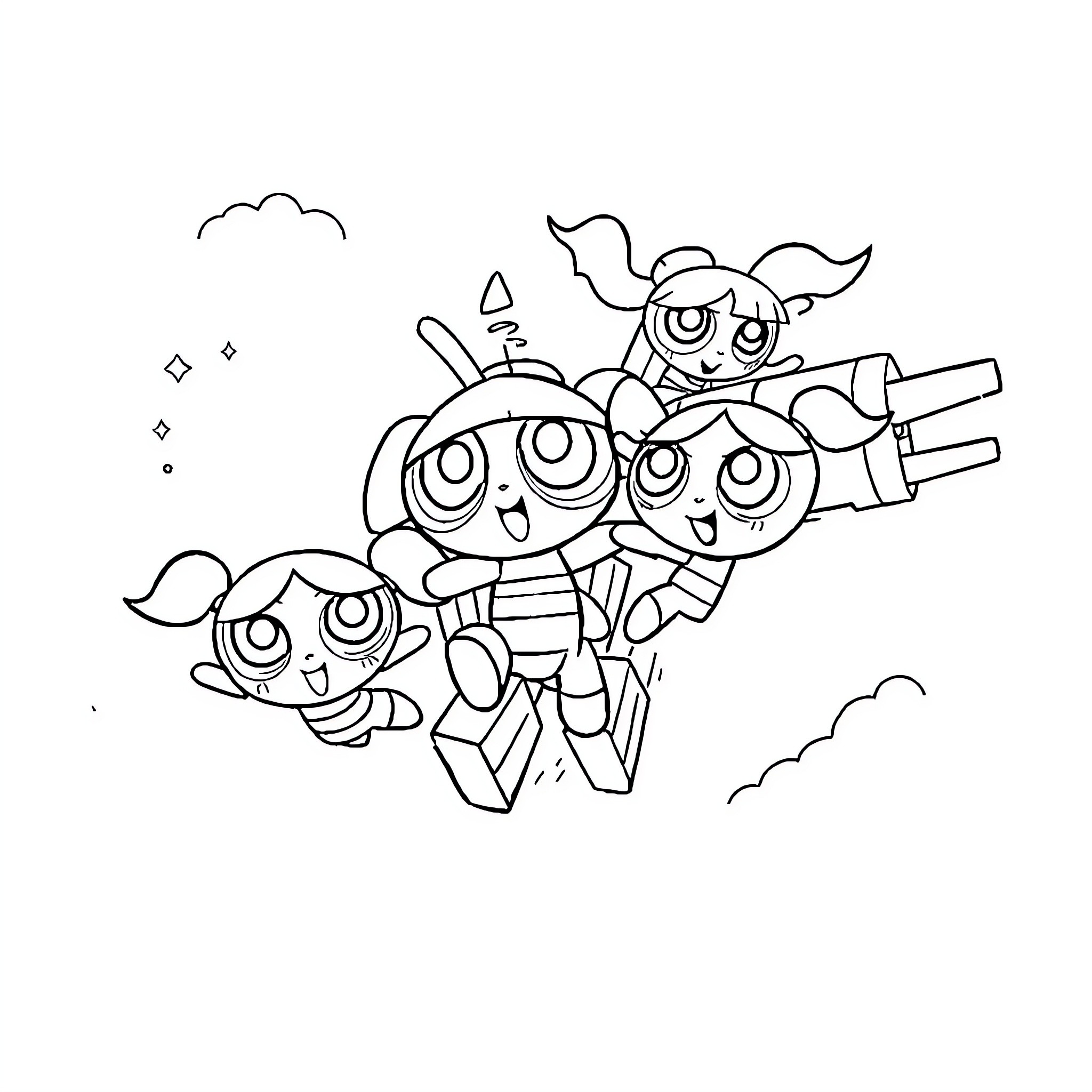 Powerpuff Girls Fighting Villains in the Sky Coloring Page (free black-and-white line drawing printable PDF for all, from beginners to advanced learners, including children, teens, adults, and seniors)