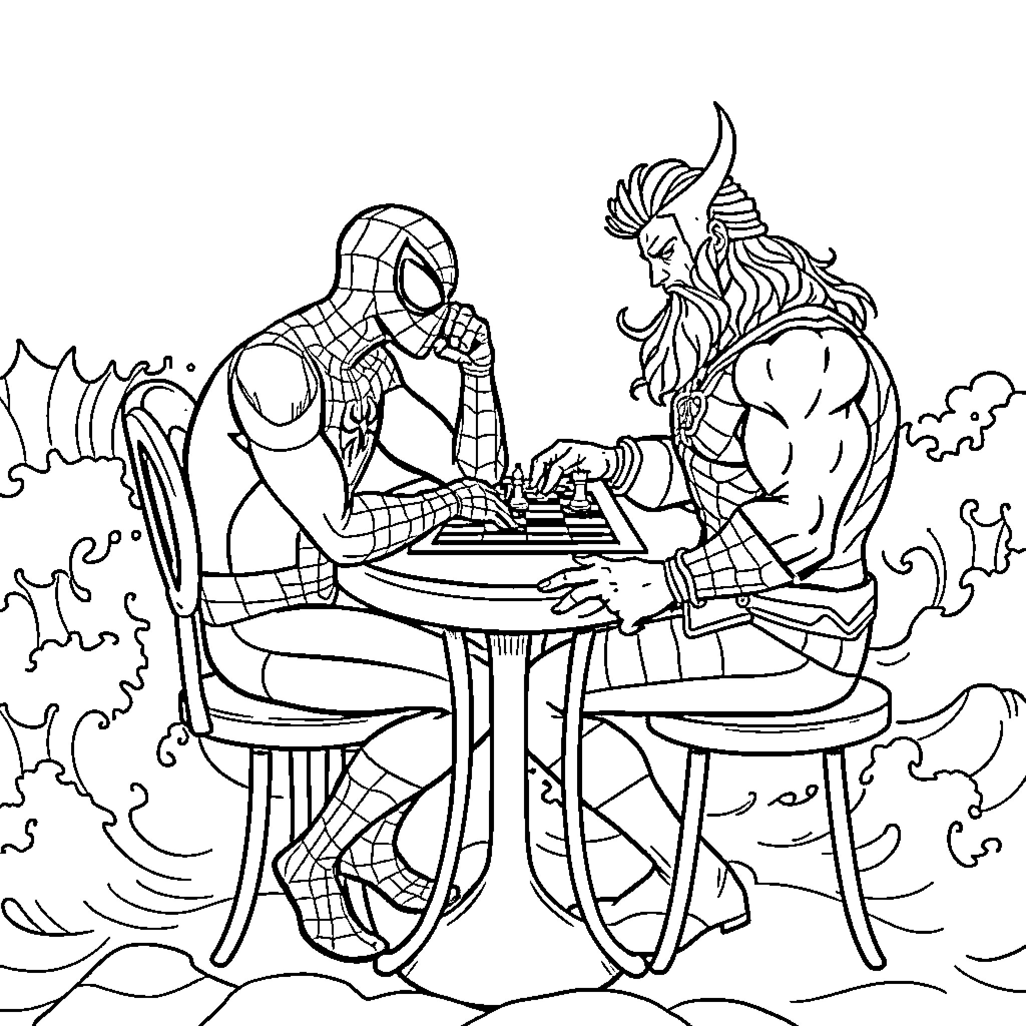 Spiderman playing chess with a muscular villain Coloring Page (free black-and-white line drawing printable PDF for all, from beginners to advanced learners, including children, teens, adults, and seniors)