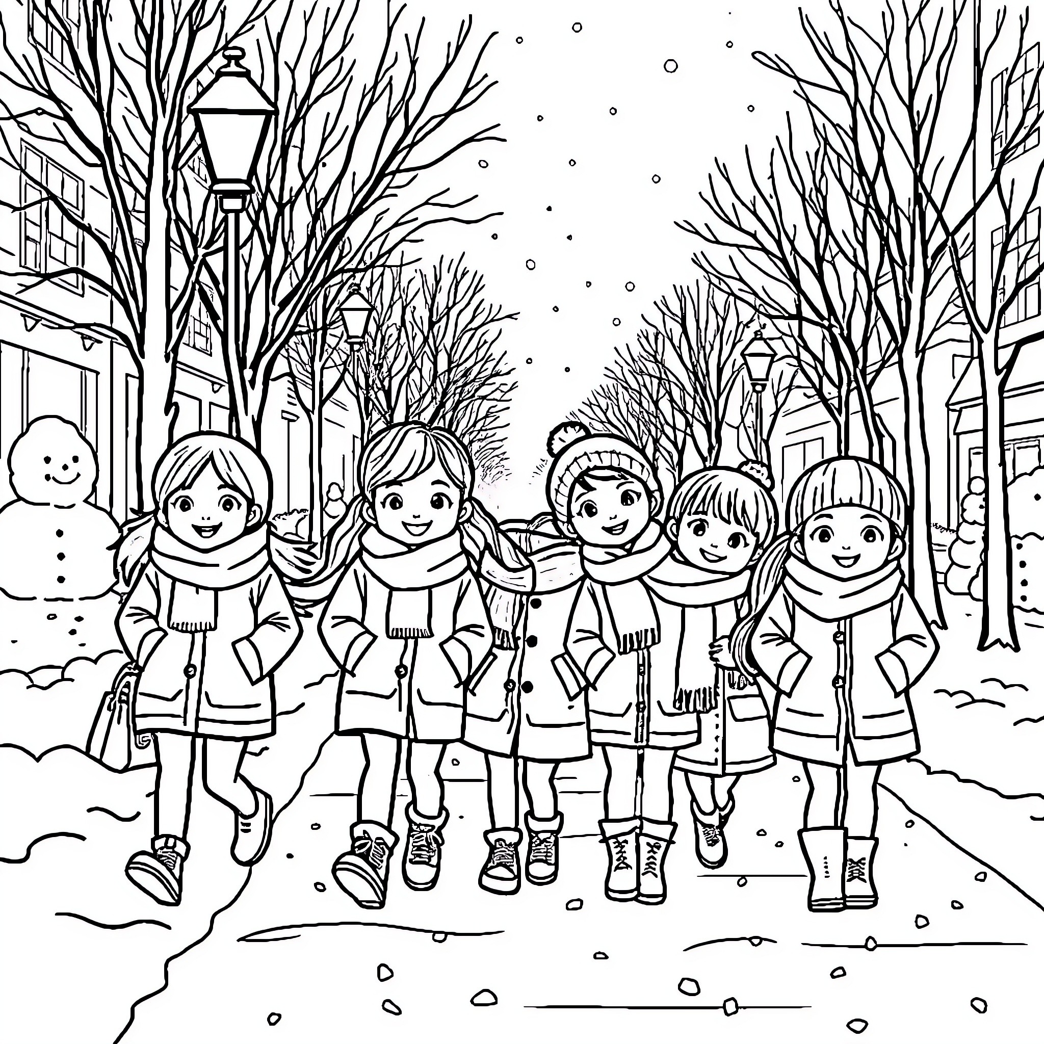 Loud Family Enjoying a Snowy Stroll Coloring Page (free black-and-white line drawing printable PDF for all, from beginners to advanced learners, including children, teens, adults, and seniors)