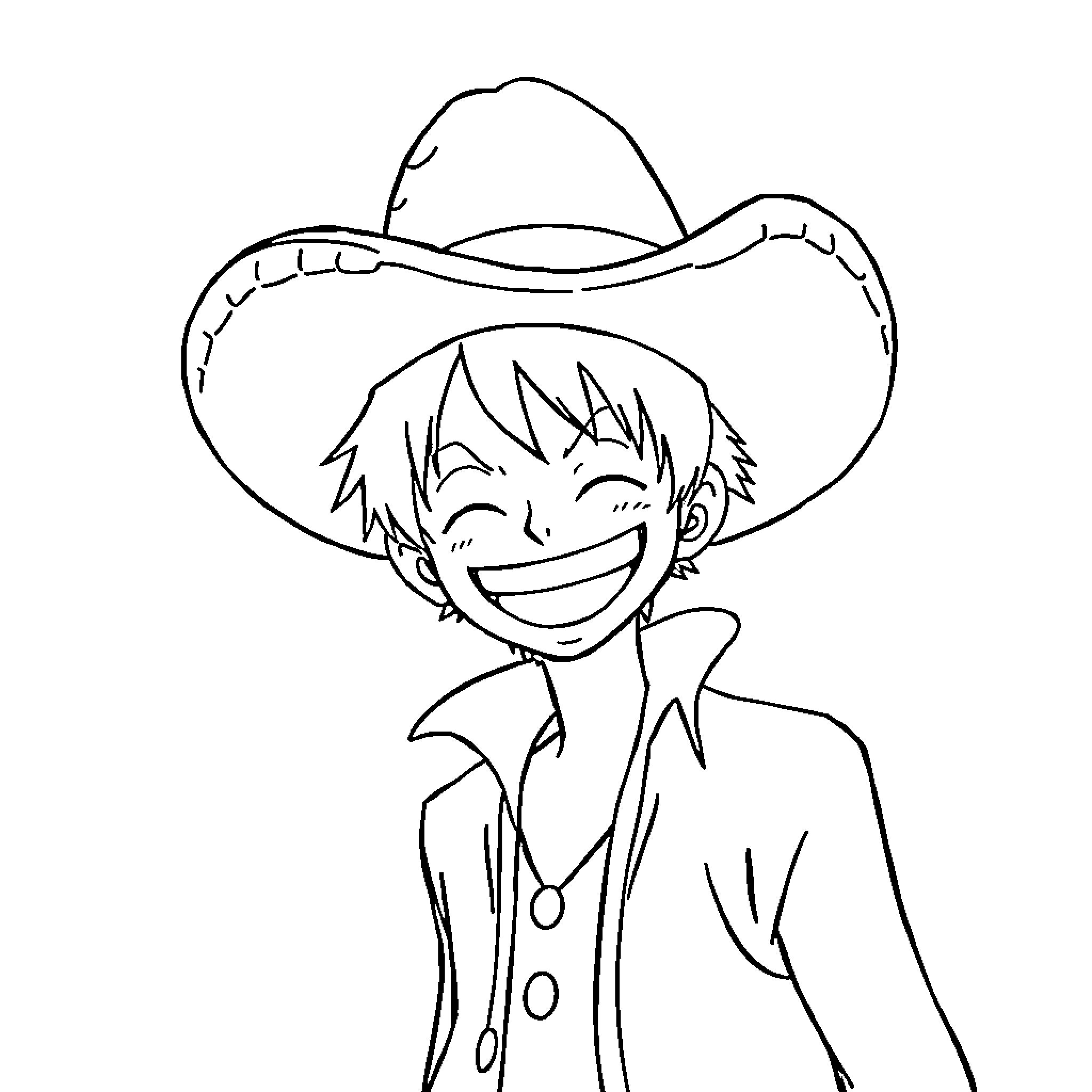Luffy wearing cowboy hat and smiling happily Coloring Page (free black-and-white line drawing printable PDF for all, from beginners to advanced learners, including children, teens, adults, and seniors)