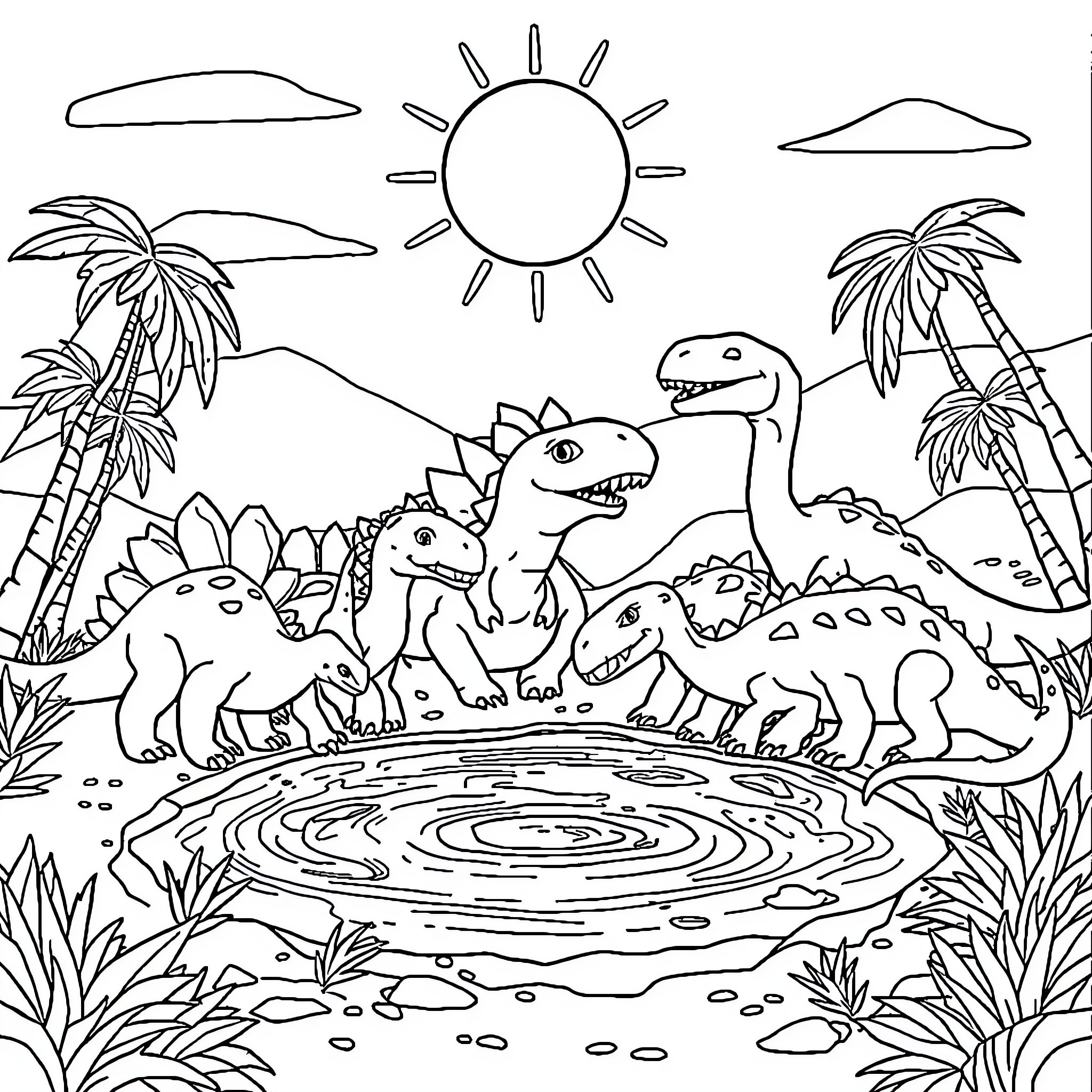 Dinosaurs roaming in tropical paradise Coloring Page (free black-and-white line drawing printable PDF for all, from beginners to advanced learners, including children, teens, adults, and seniors)