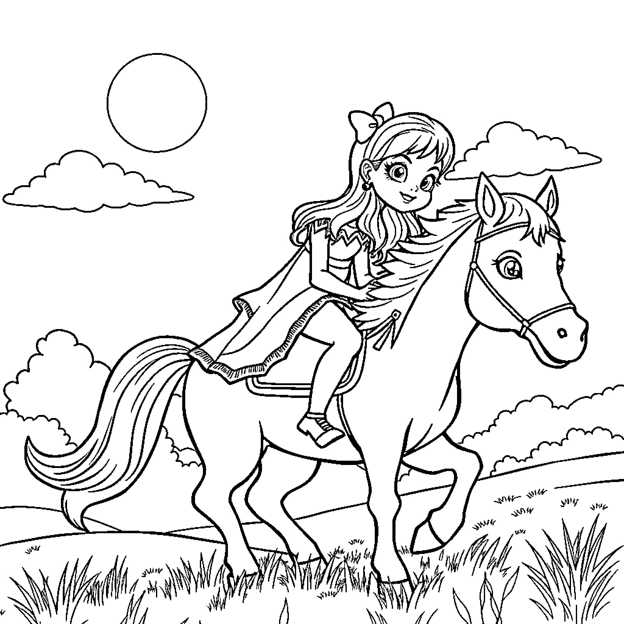 Vampire Girl Riding Horse Through Countryside Coloring Page (free black-and-white line drawing printable PDF for all, from beginners to advanced learners, including children, teens, adults, and seniors)