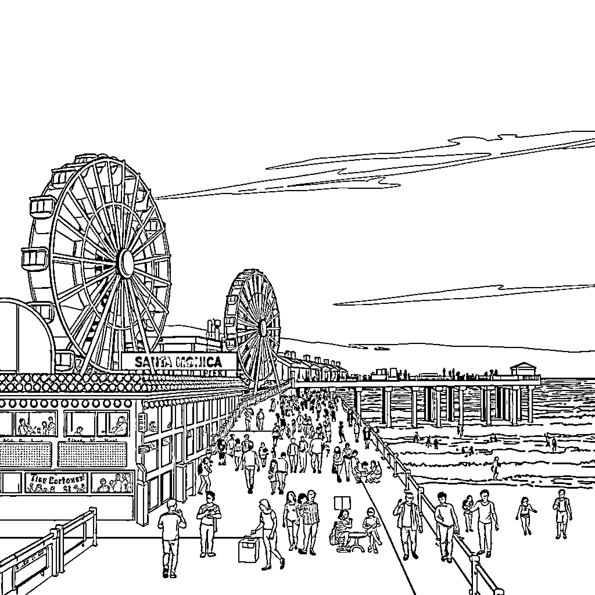 Santa Monica Pier filled with crowds and ferris wheels Coloring Page (free black-and-white line drawing printable PDF for all, from beginners to advanced learners, including children, teens, adults, and seniors)